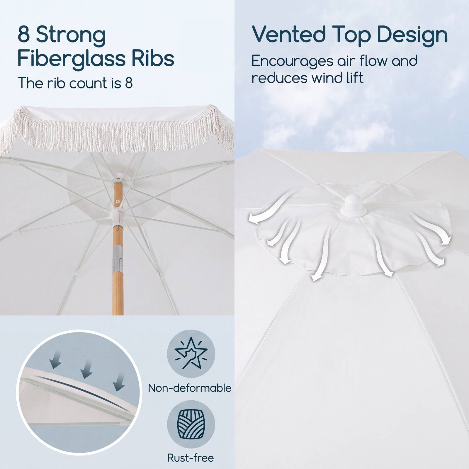 8 Strong Fiberglass Ribs  
The rib count is 8  

Vented Top Design  
Encourages air flow and reduces wind lift  

Non-deformable  
Rust-free