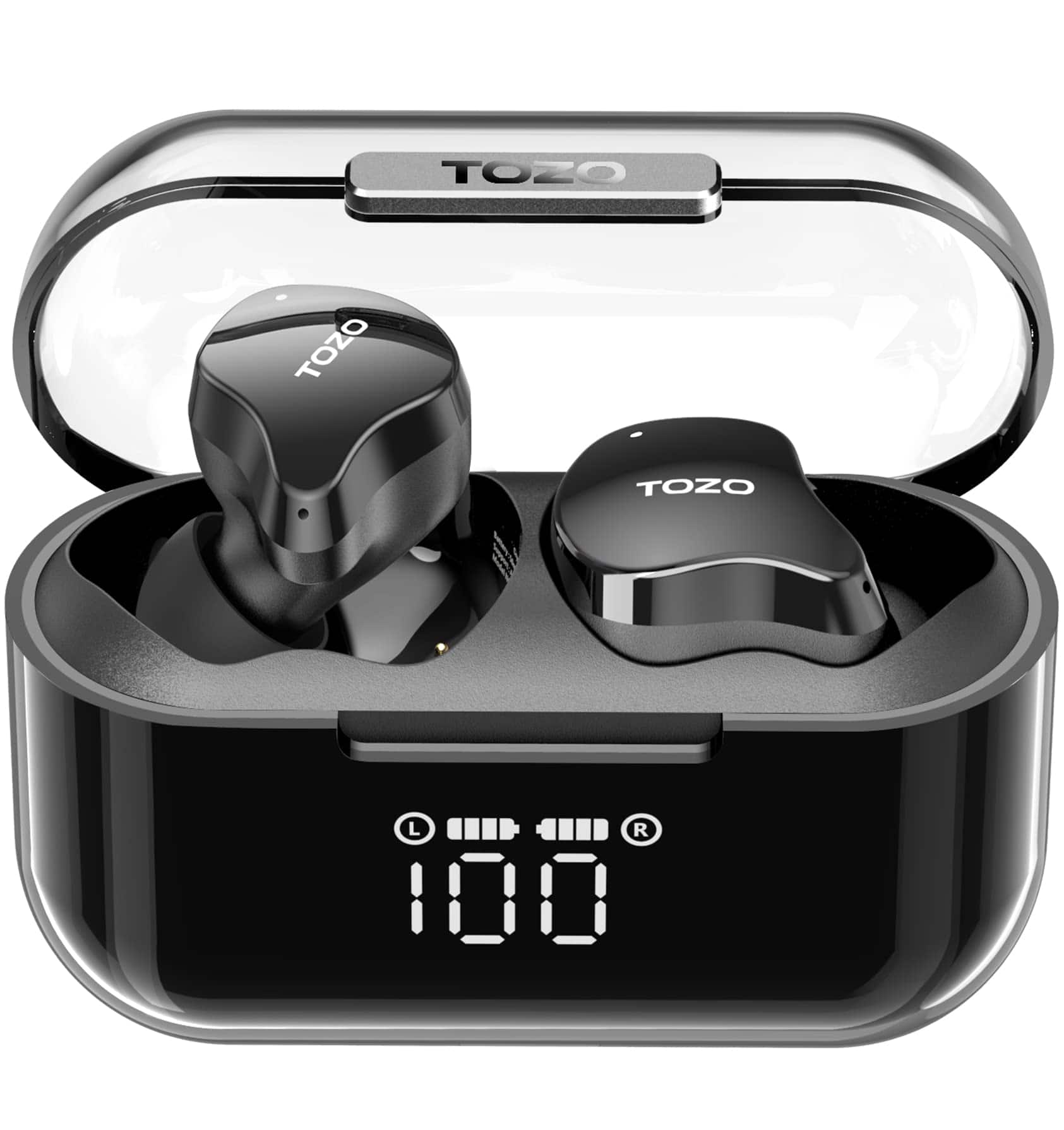 TOZO - T18 Bluetooth 5.3 Earbuds, IPX8, Noise Reduction Calls, LED Display, Transparent Case, 32 EQs, Long Playtime - Black