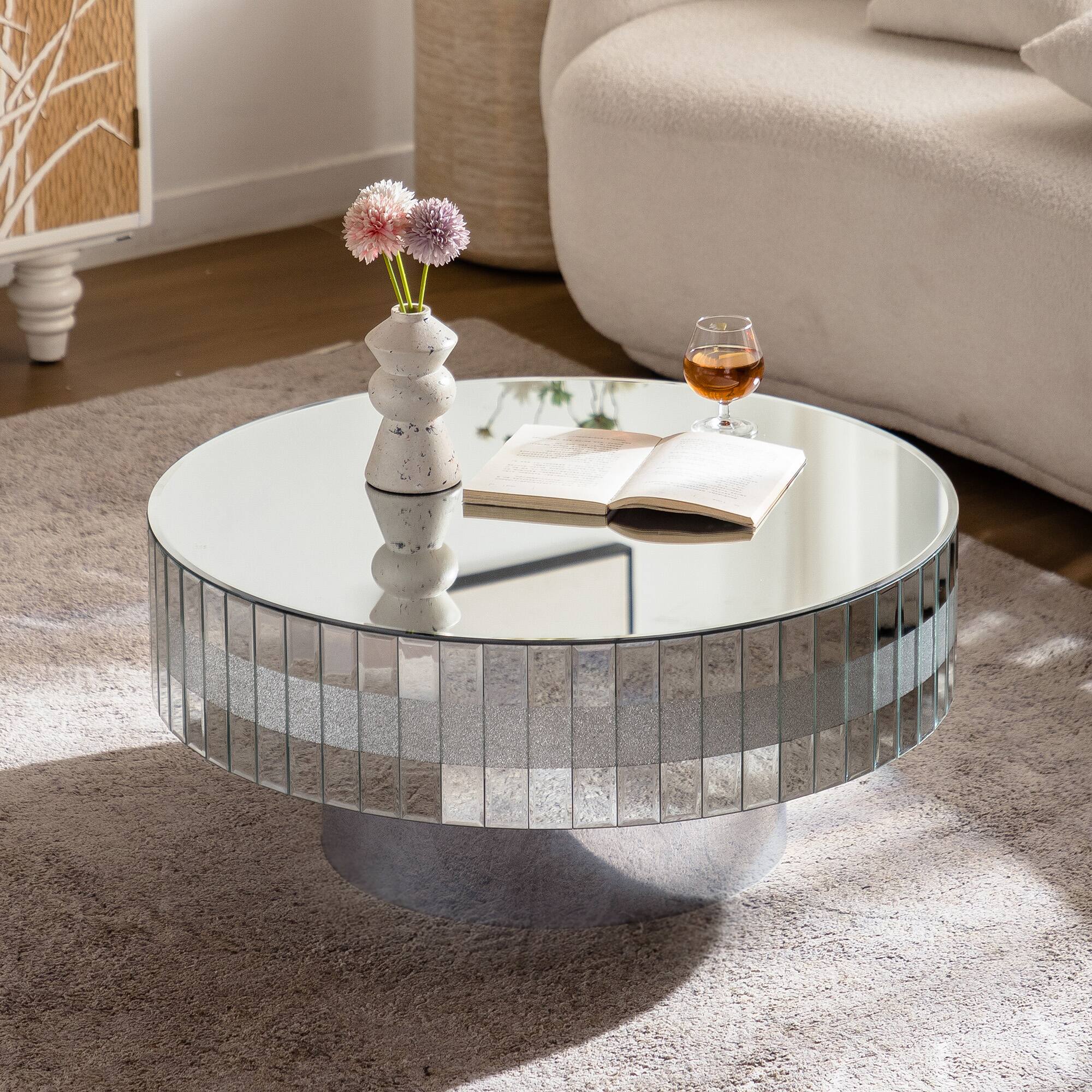 APRILSOUL Round Mirrored Coffee Table Large Decorative Bling Crushed ...