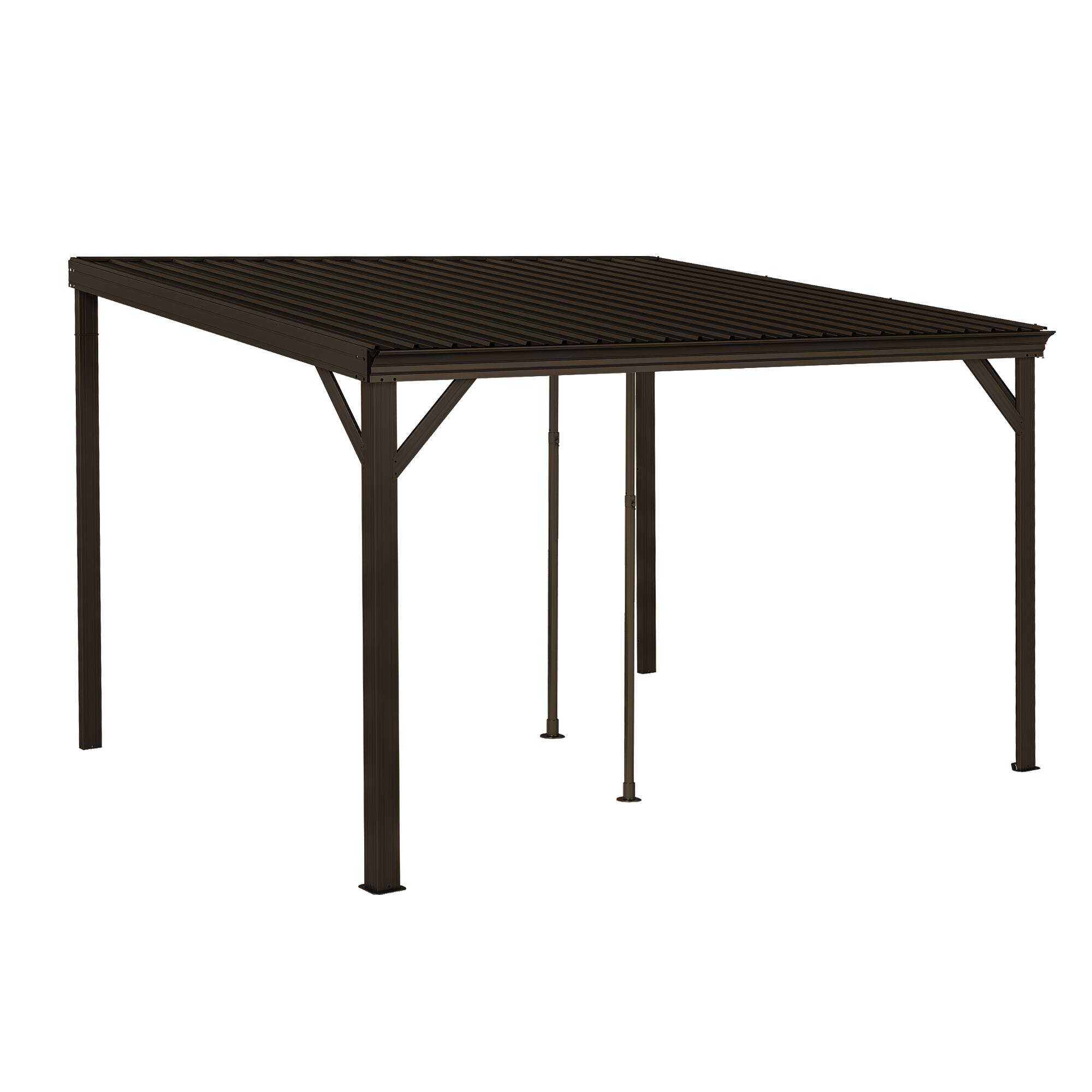 Alt View 4. Mondawe - 10x12FT Lean to Gazebo Hardtop，Expandable Wall Mounted Pergola，Gutters & Galvanized Steel Roof - Brown.