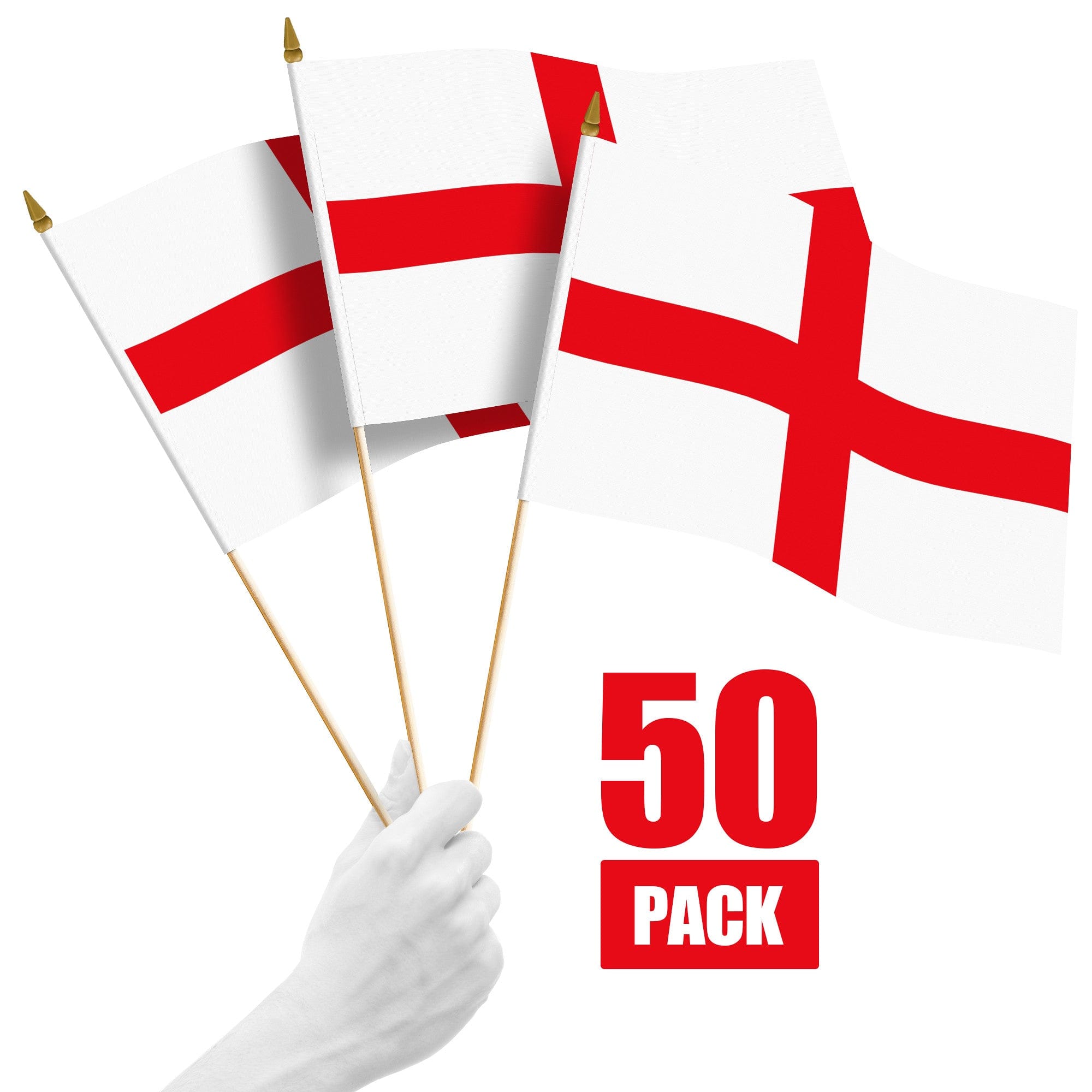 G128 - 50-Pack Handheld England Flags, 12 x 18 in, 150D Polyester with Wooden Stick and Gold Spear Tip - Assorted Colors
