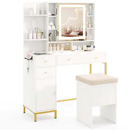 Front. Costway - Costway Makeup Vanity Desk with Lighted Mirror Charging Station 3-Color LED Lights - White.