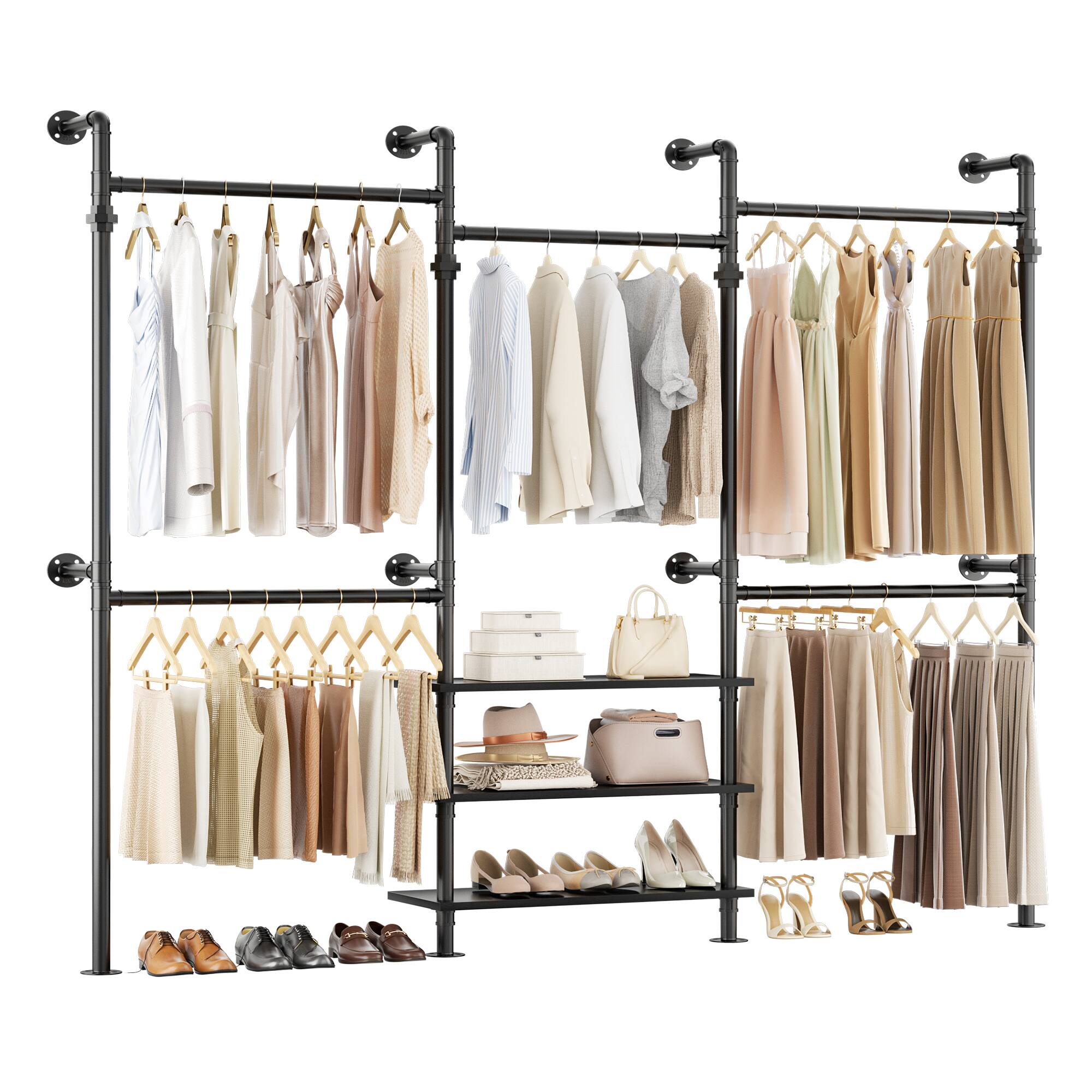 Alt View 1. Aheaplus - Adjustable Wall-Mounted Metal Clothing Rack: 3-Tier Wood Shelves, 84"-128", 1000LB Capacity - Black.