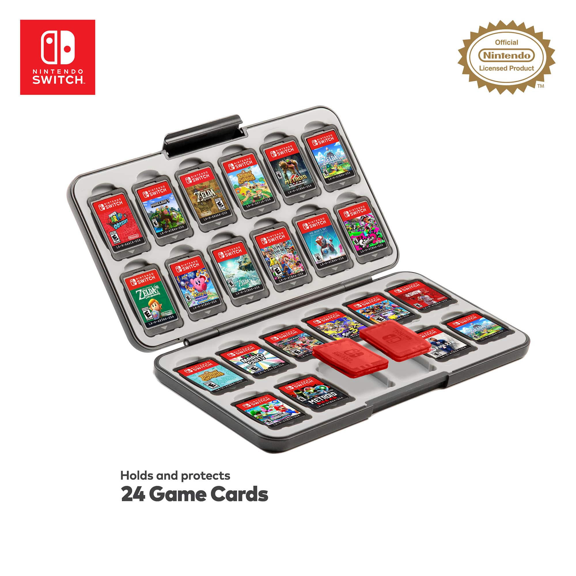 Official Nintendo Switch. Nintendo Licensed Product. TM SWITCH WITCH a C Sa1TCH SWITCH nidn C Vae SRTCH ELDA ORA SWITCH EWS GSW00 OSWITCH Oa5a CUSWITCH SBITCH SWITCH noi\_ a SWITCH SWITCH CNUOAN Te- ZELDAT arm DIA I HTIR LCUI U FAAGIO a Q HETROID Holds and protects 24 Game Cards.