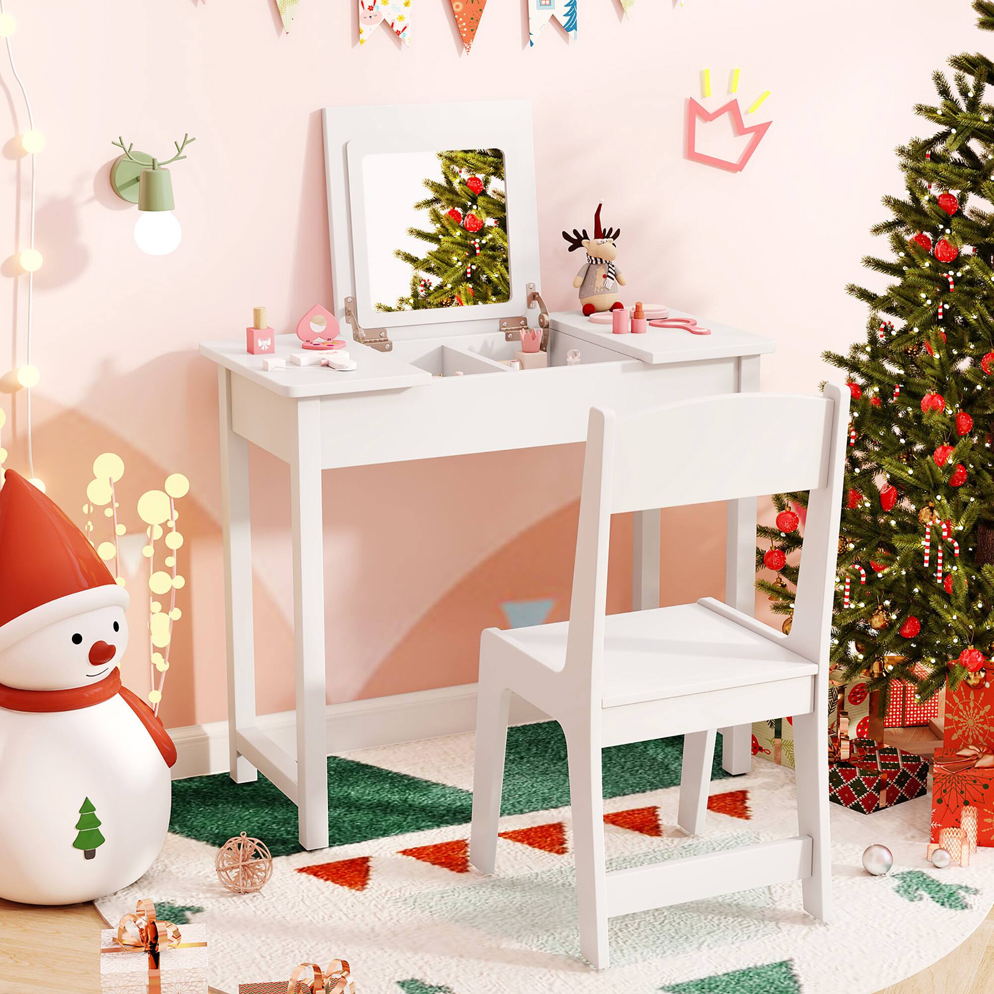 Alt View 1. Gymax - Gymax Kids Vanity Table & Chair Set 2-in-1 Princess Makeup Dressing Desk Set White - White.