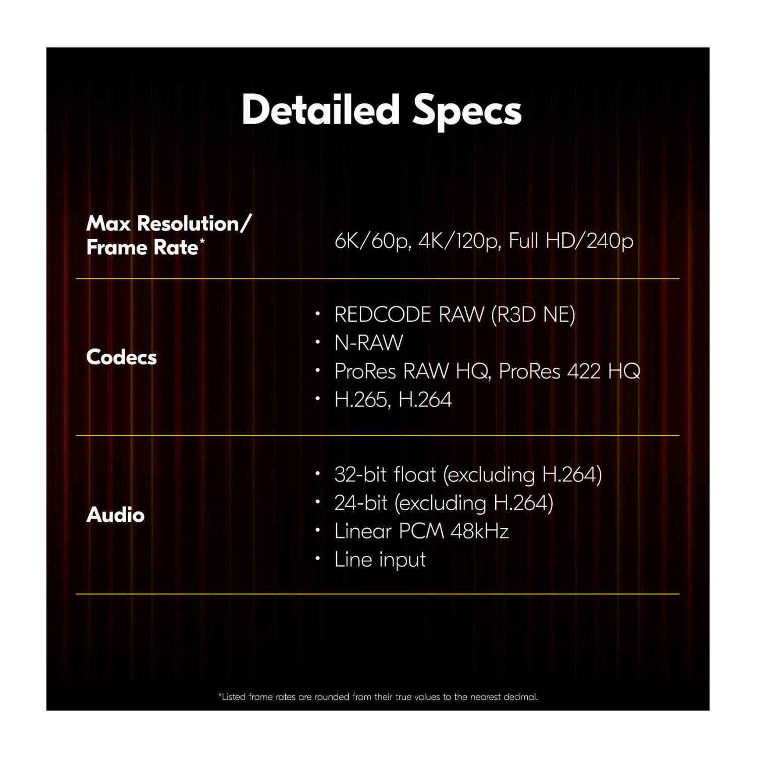Detailed Specs

Max Resolution/ Frame Rate*  
6K/60p, 4K/120p, Full HD/240p

Codecs  
- REDCODE RAW (R3D NE)  
- N-RAW  
- ProRes RAW HQ, ProRes 422 HQ  
- H.265, H.264

Audio  
- 32-bit float (excluding H.264)  
- 24-bit (excluding H.264)  
- Linear PCM 48kHz  
- Line input

*Listed frame rates are rounded from their true values to the nearest decimal.