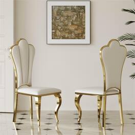 POVISON - Modern Luxury High Back Dining Chairs Set of 2, French Country Leather Side Chairs, Fully Assembled - White & Gold