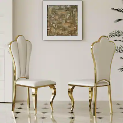 Front. POVISON - Modern Luxury High Back Dining Chairs Set of 2, French Country Leather Side Chairs, Fully Assembled - White & Gold.