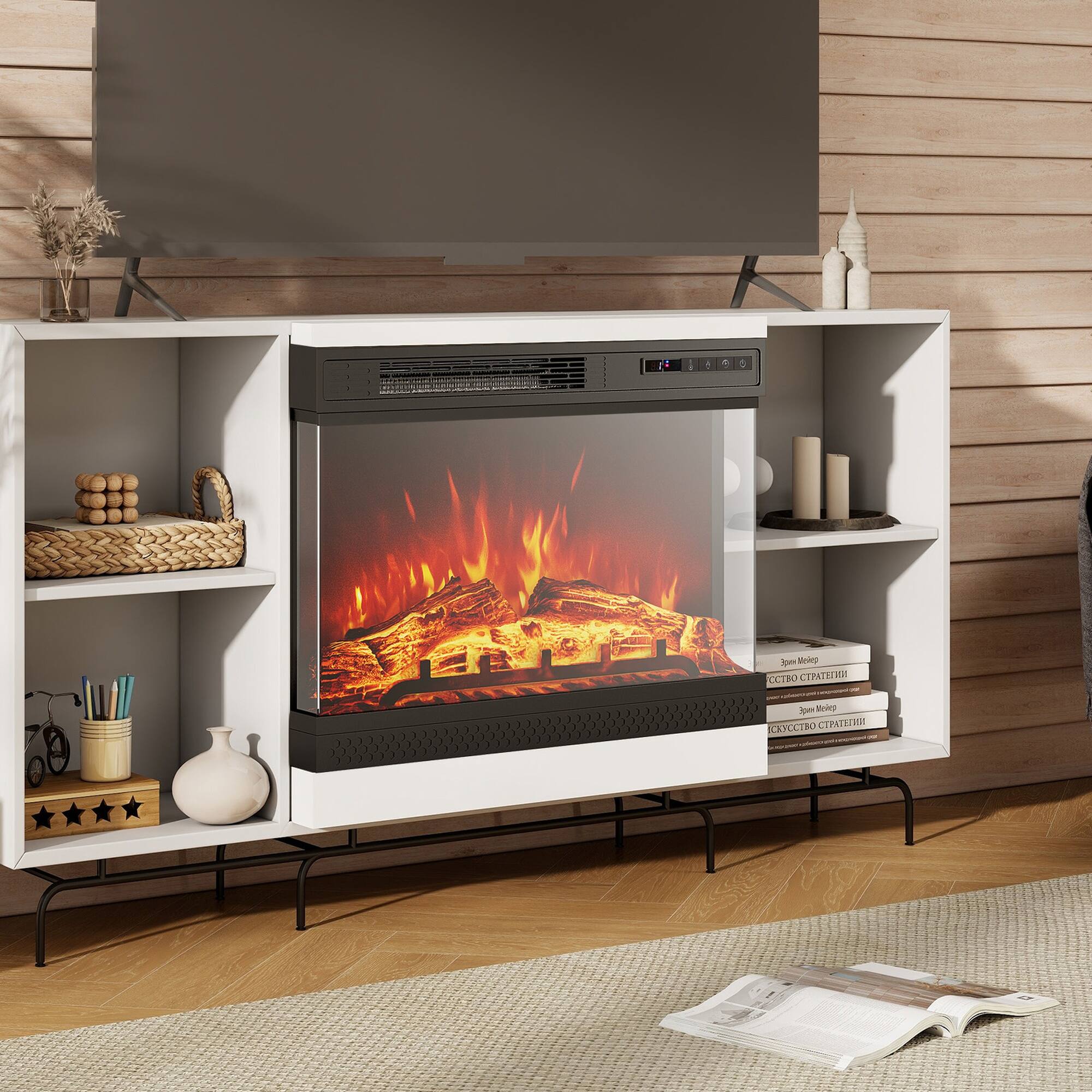 Front. Boyel Living - 24 Inches 3-Sided Glass Electric Fireplace Heater with Remote Control.