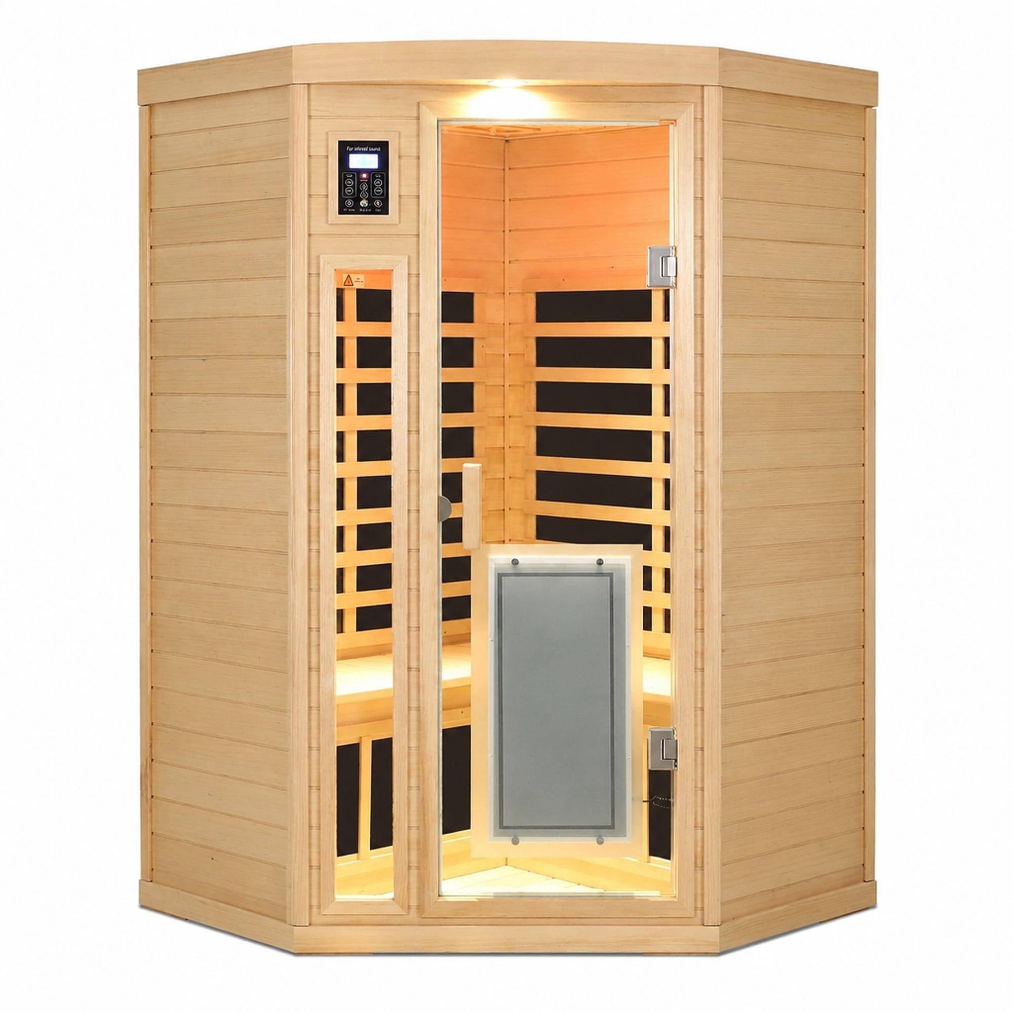 Front. RYHNUYNE - Two Person Far Infrared Sauna, Hemlock Wood, Low EMF, Corner Fit, 8 Heating Panels, 1760W - Natural Wood.