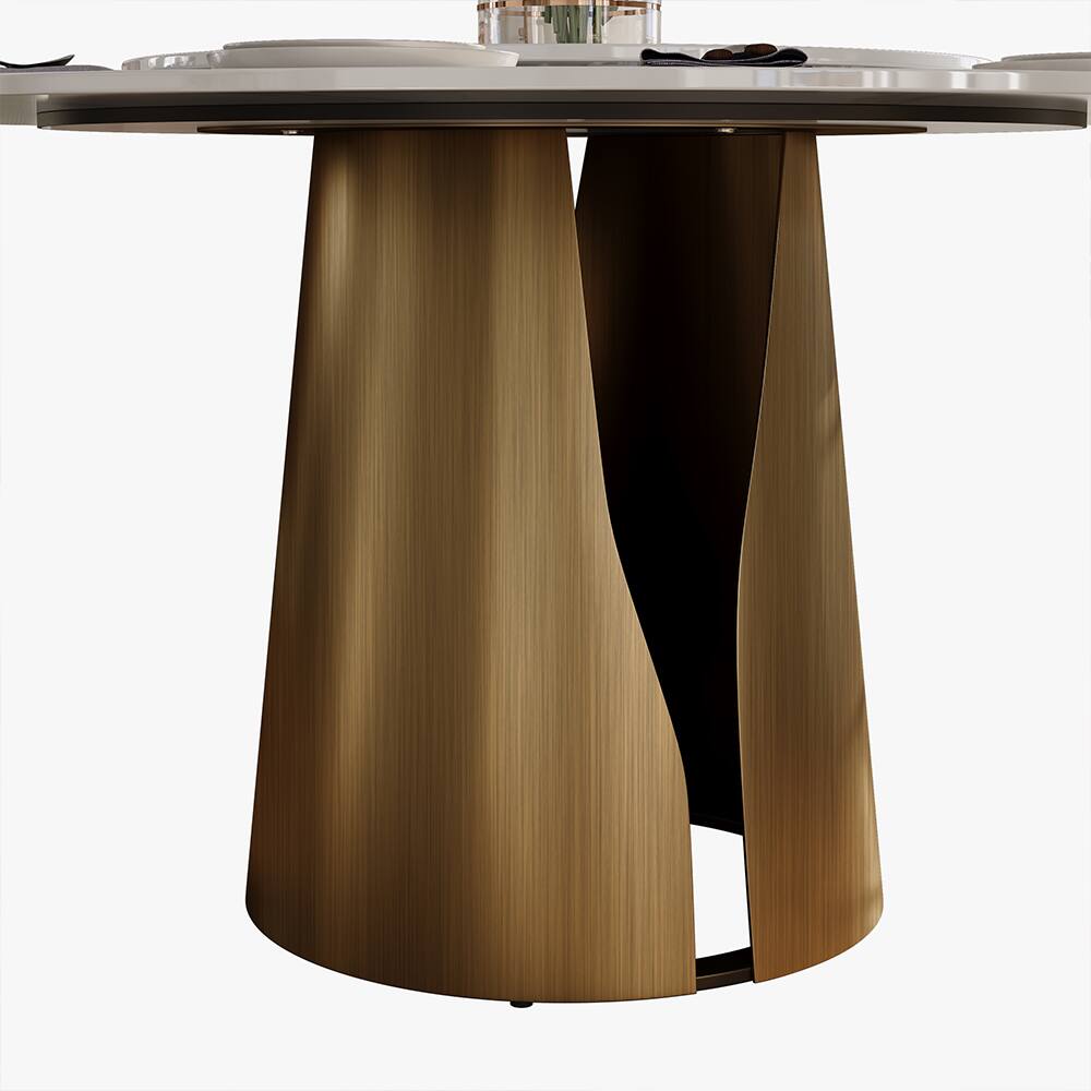 Alt View 1. POVISON - 47" Modern Glossy White Sintered Stone Round Dining Table for 4 with Bronze Steel Base - Glossy White Sintered Stone & Bronze Steel Base.