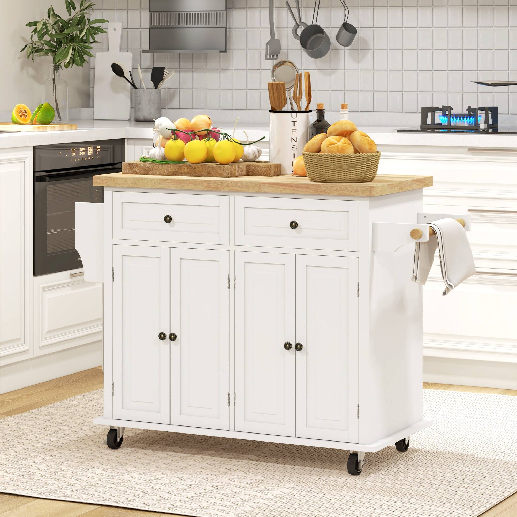 Angle. Homcom - Kitchen Island Cart with Rubber Wood Top, Rolling Table on Wheels with Drawers, Spice Rack - Cream White.
