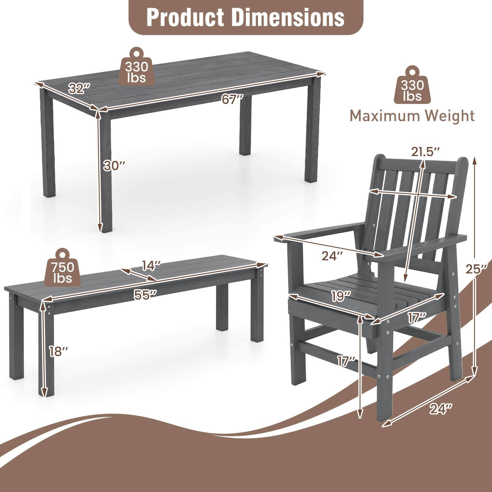 Product Dimensions

- Table: 32" x 67" x 30"
  - Maximum Weight: 330 lbs

- Bench: 55" x 14" x 18"
  - Maximum Weight: 750 lbs

- Chair: 24" x 19" x 25"
  - Seat Height: 17"
  - Back Height: 21.5"
  - Maximum Weight: 330 lbs