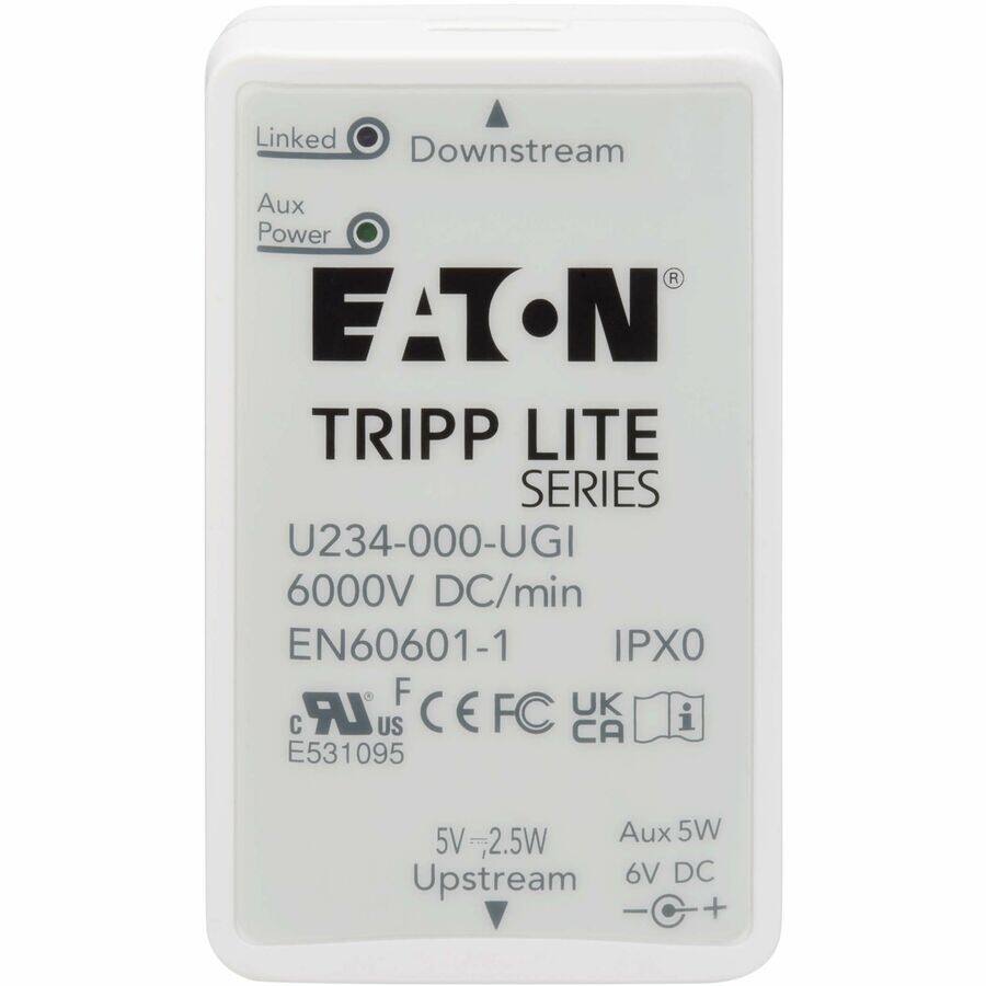 Linked Downstream  
Aux Power  
EATON TRIPP LITE SERIES  
U234-000-UGI  
6000V DC/min  
EN60601-1  
IPX0  
F  
CE  
FC  
UK  
CA  
E531095  
Aux 5W  
5V-2.5W Upstream  
6V DC
