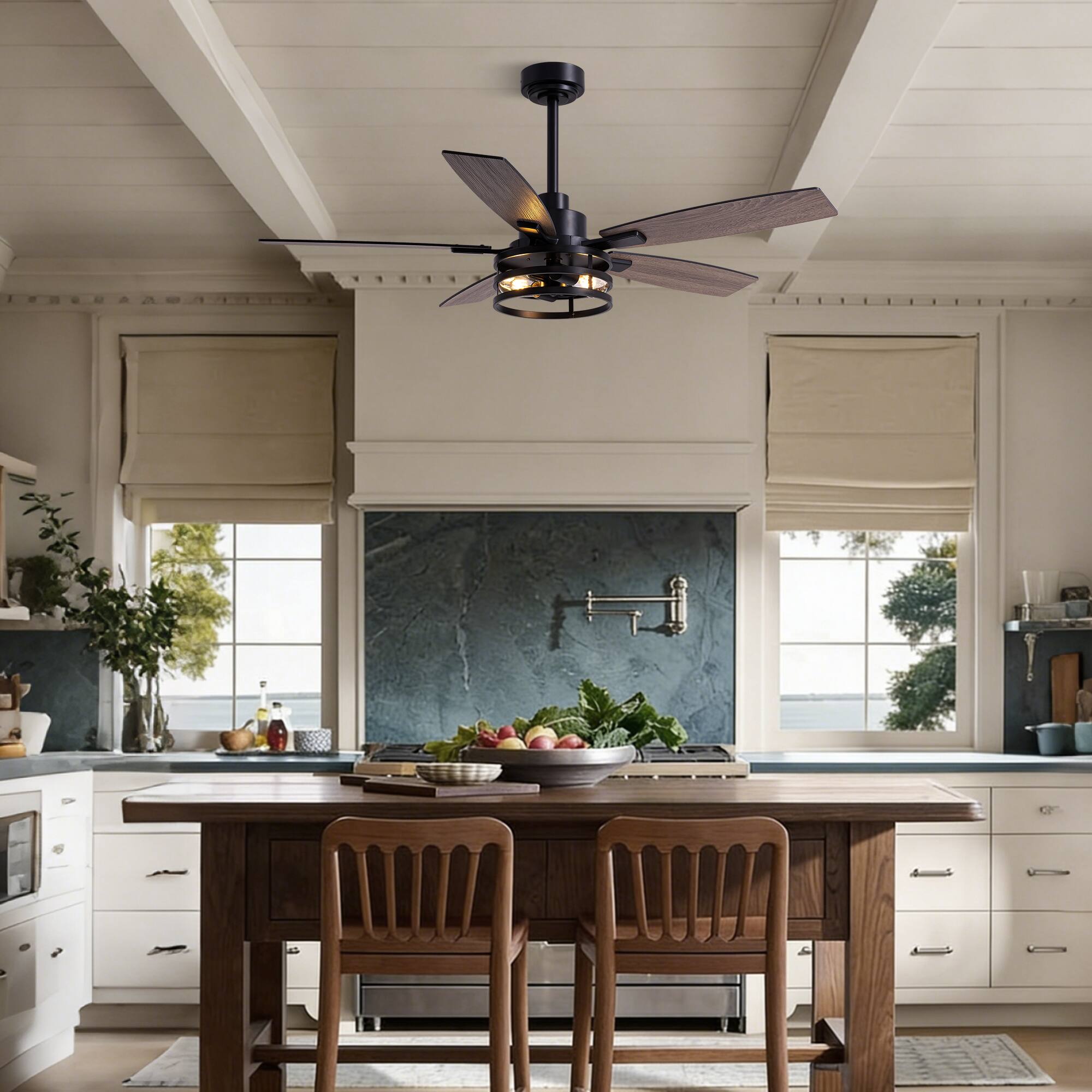 Alt View 1. Siljoy - 52 Inch Black Caged Farmhouse Ceiling Fan with Lights & Remote for Bedroom, Living Room & Patio Indoor/Outdoor - Black.