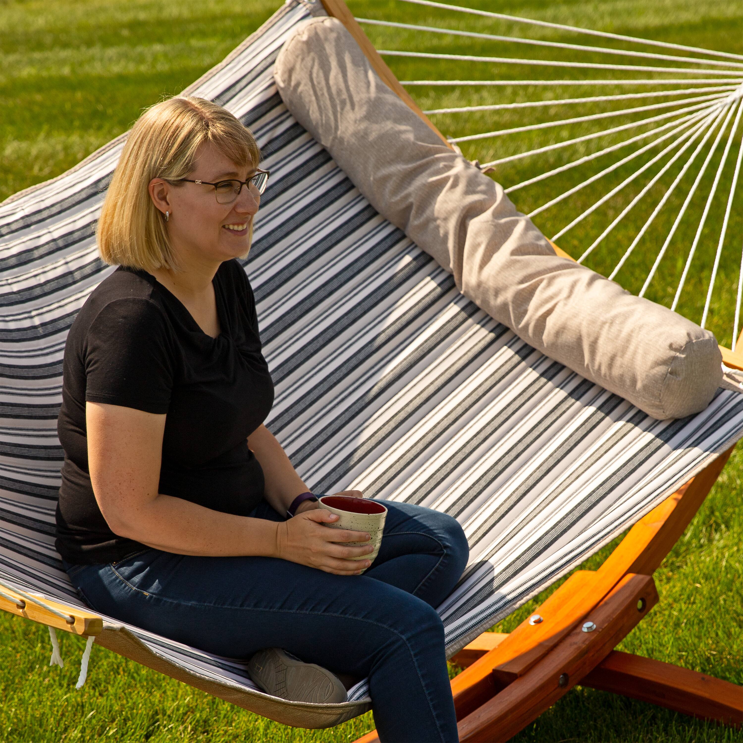 Alt View 10. Sunnydaze - Quilted Hammock with Curved Spreader Bar - Neutral Stripe.