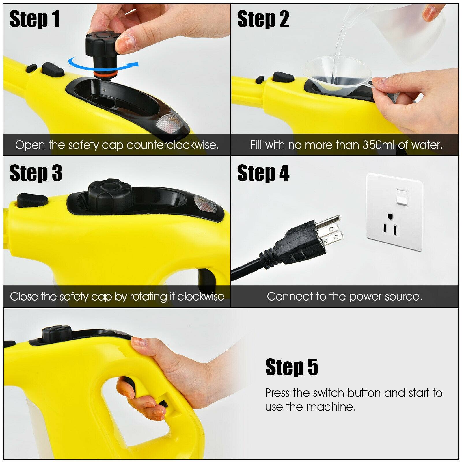 Step 1: Open the safety cap counterclockwise.
Step 2: Fill with no more than 350ml of water.
Step 3: Close the safety cap by rotating it clockwise.
Step 4: Connect to the power source.
Step 5: Press the switch button and start to use the machine.