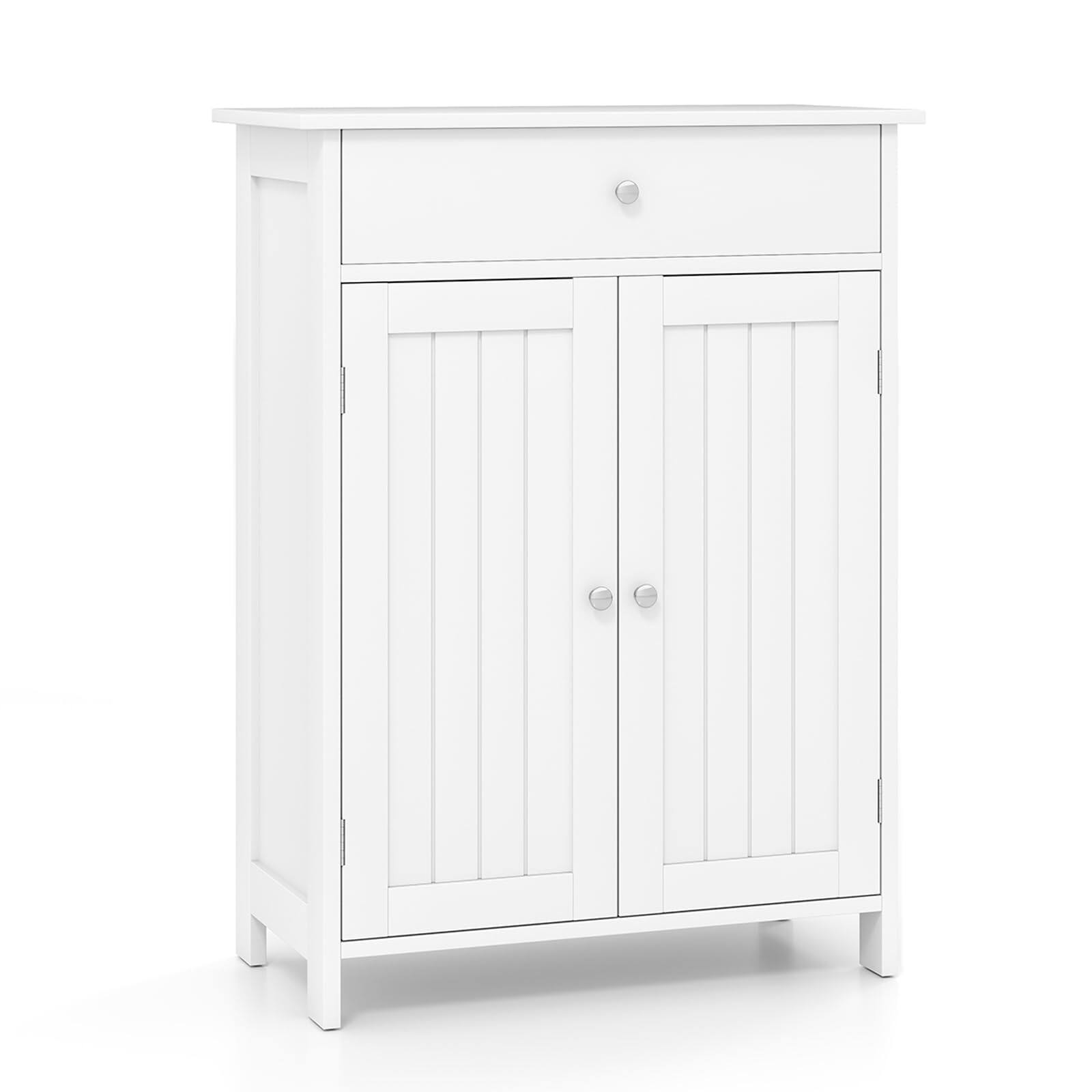 Front. Ecooso - Freestanding Bathroom Storage Cabinet, 2 Doors + Drawer, Adjustable Shelf - White.