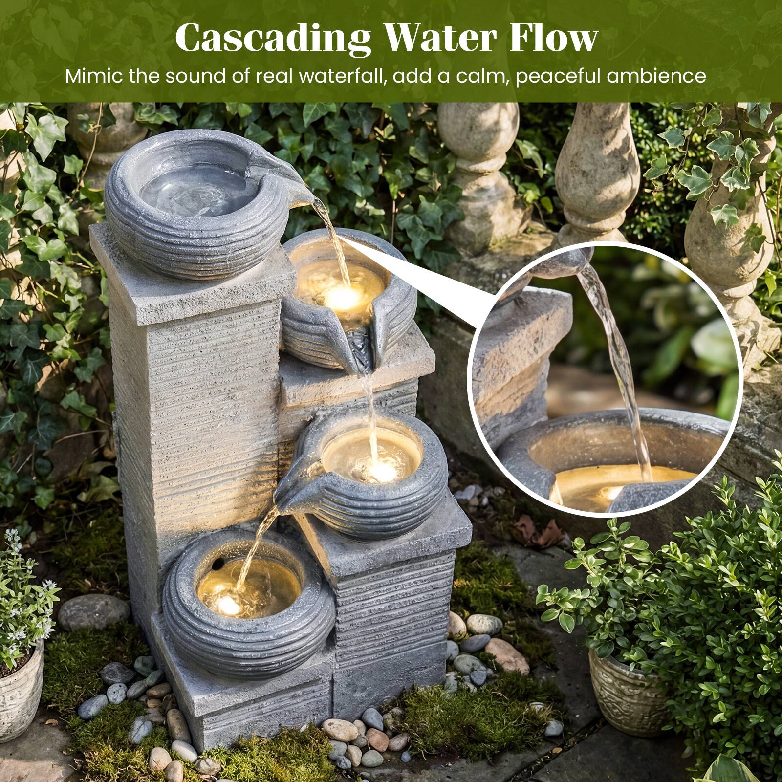 Cascading Water Flow  
Mimic the sound of real waterfall, add a calm, peaceful ambience