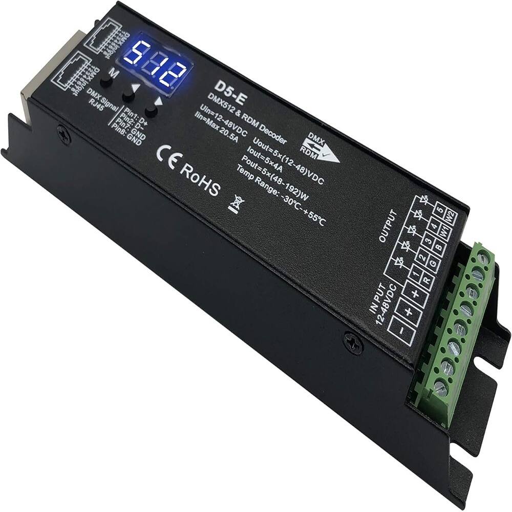 D5-E DMX512 & RDM Decoder  
DMX Signal: RJ45  
Pin1: D+  
Pin2: D-  
Pin7: GND  
Pin8: GND  

Input: Uin=12-48VDC  
lin=Max 20.5A  

Output: lout=5x4A  
Pout=5x(48-192)W  
Uout=5x(12-48)VDC  

Range: -30°C to +55°C  

CE RoHS  

INPUT  
12-48VDC  

OUTPUT  
1 R  
2 G  
3 B  
4 W  

DMX  
RDM