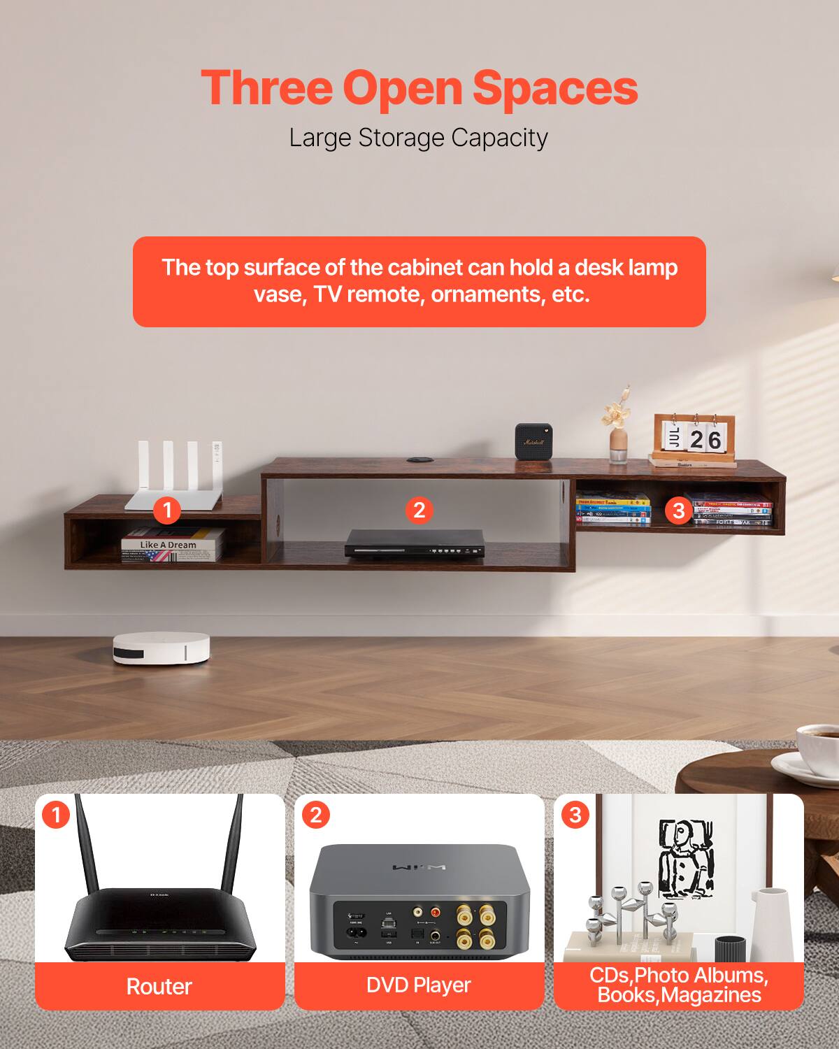 Three Open Spaces  
Large Storage Capacity  

The top surface of the cabinet can hold a desk lamp, vase, TV remote, ornaments, etc.  

1. Router  
2. DVD Player  
3. CDs, Photo Albums, Books, Magazines