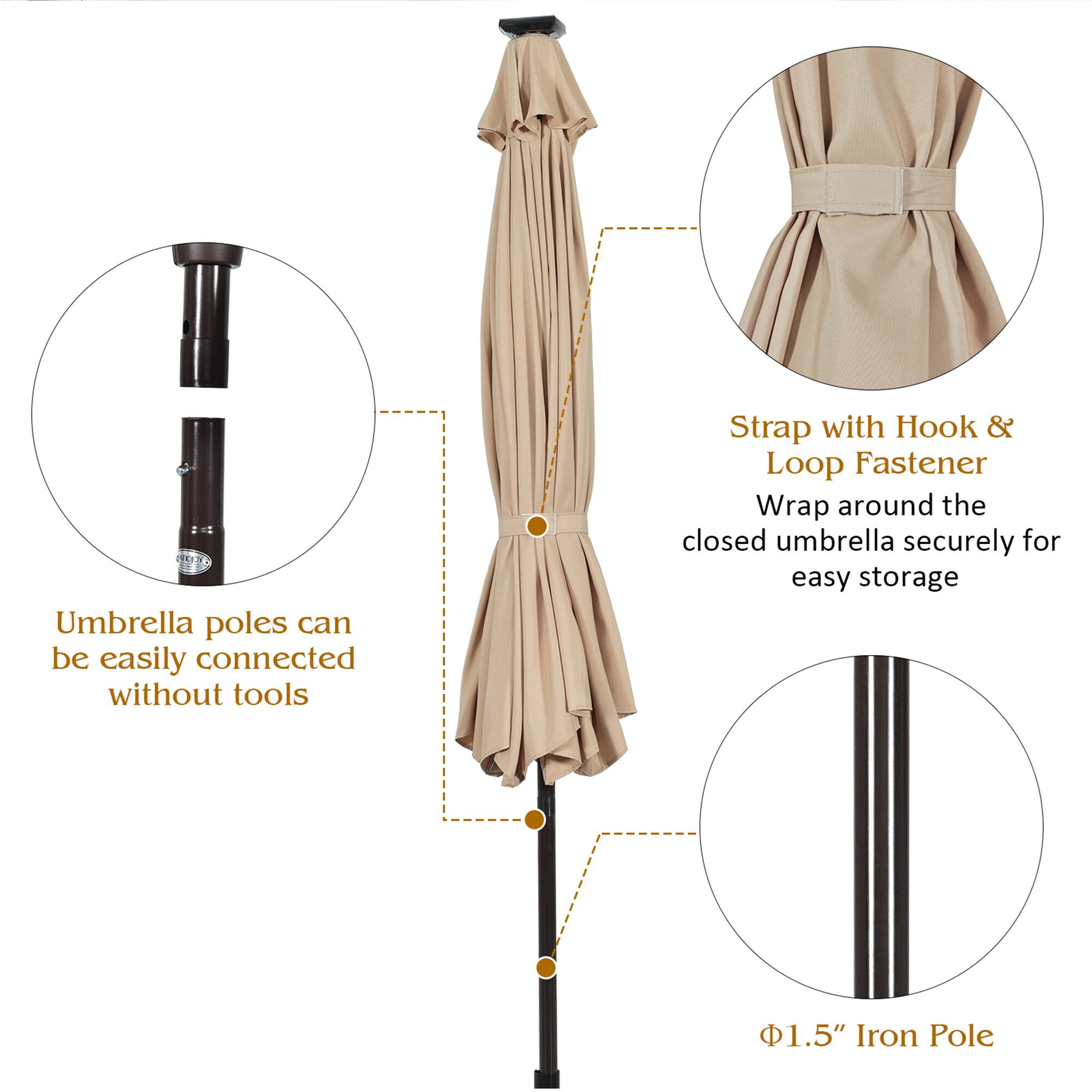 Umbrella poles can be easily connected without tools, 1.5" Iron Pole, Strap with Hook & Loop Fastener, Wrap around the closed umbrella securely for easy storage.