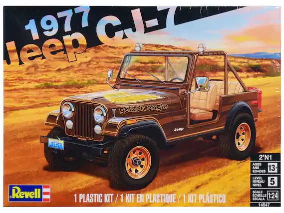 1977 Jeep CJ-7
golden eagle
Revell
1 PLASTIC KIT / 1 KIT EN PLASTIQUE / 1 KIT PLÁSTICO
2'N1
AGES ANS EDAD 13+
LEVEL NIVEAU NIVEL 5
SCALE ESCALA ESCALA 1:24
14547