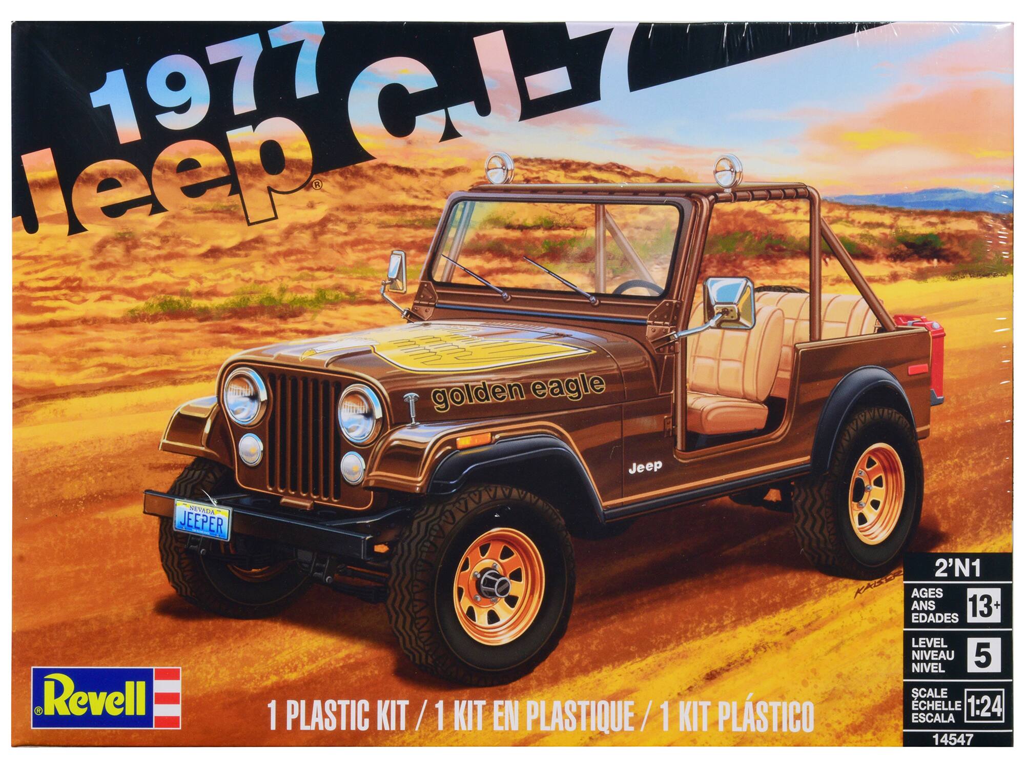 1977 Jeep CJ-7  
golden eagle  

Revell  
1 PLASTIC KIT / 1 KIT EN PLASTIQUE / 1 KIT PLÁSTICO  

2'N1  
AGES ANS EDAD 13+  
LEVEL NIVEAU NIVEL 5  
SCALE ESCALA ESCALA 1:24  
14547