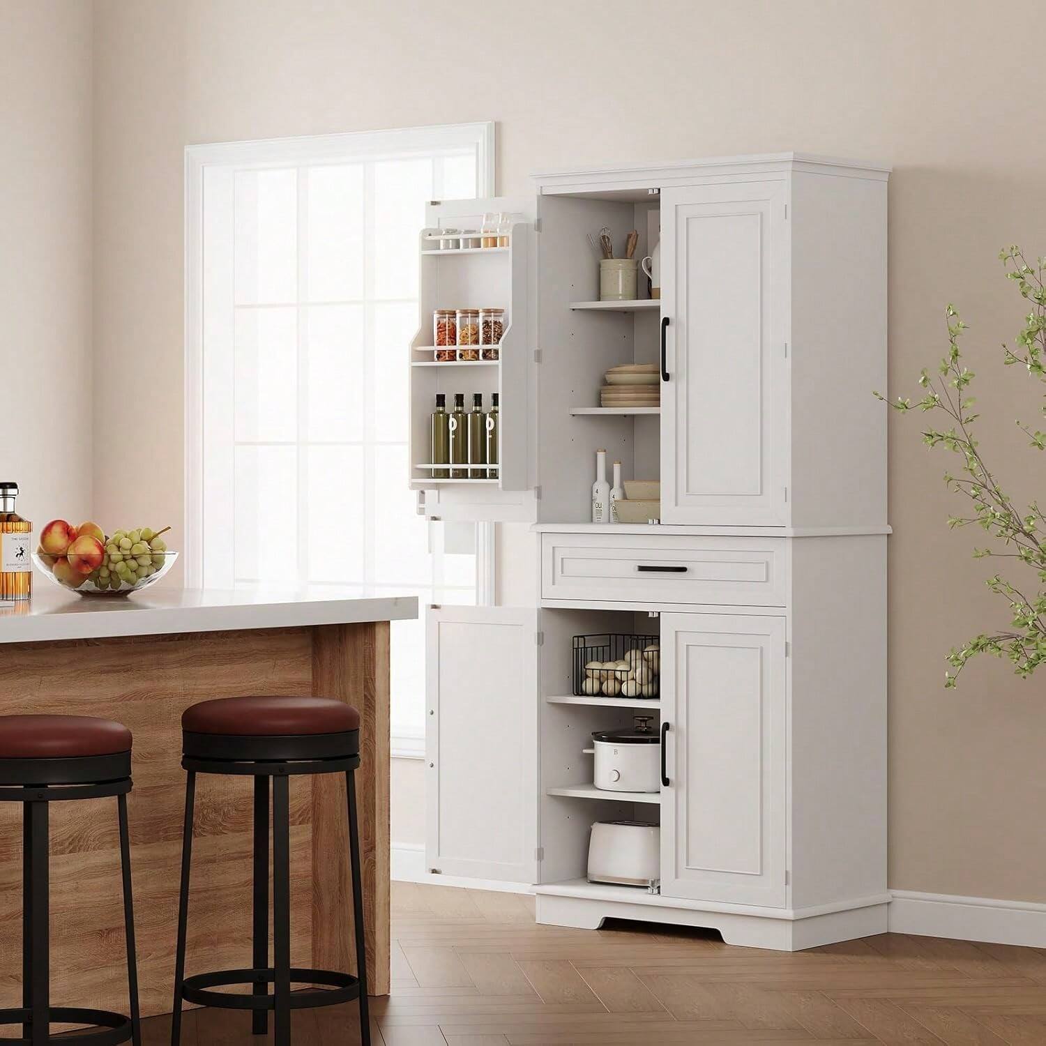 Left. GARVEE - 72" H Kitchen Storage Cabinet, High Freestanding Tall Cupboard Storage Cabinet With 4 Doors And 1 Drawer, White - White.