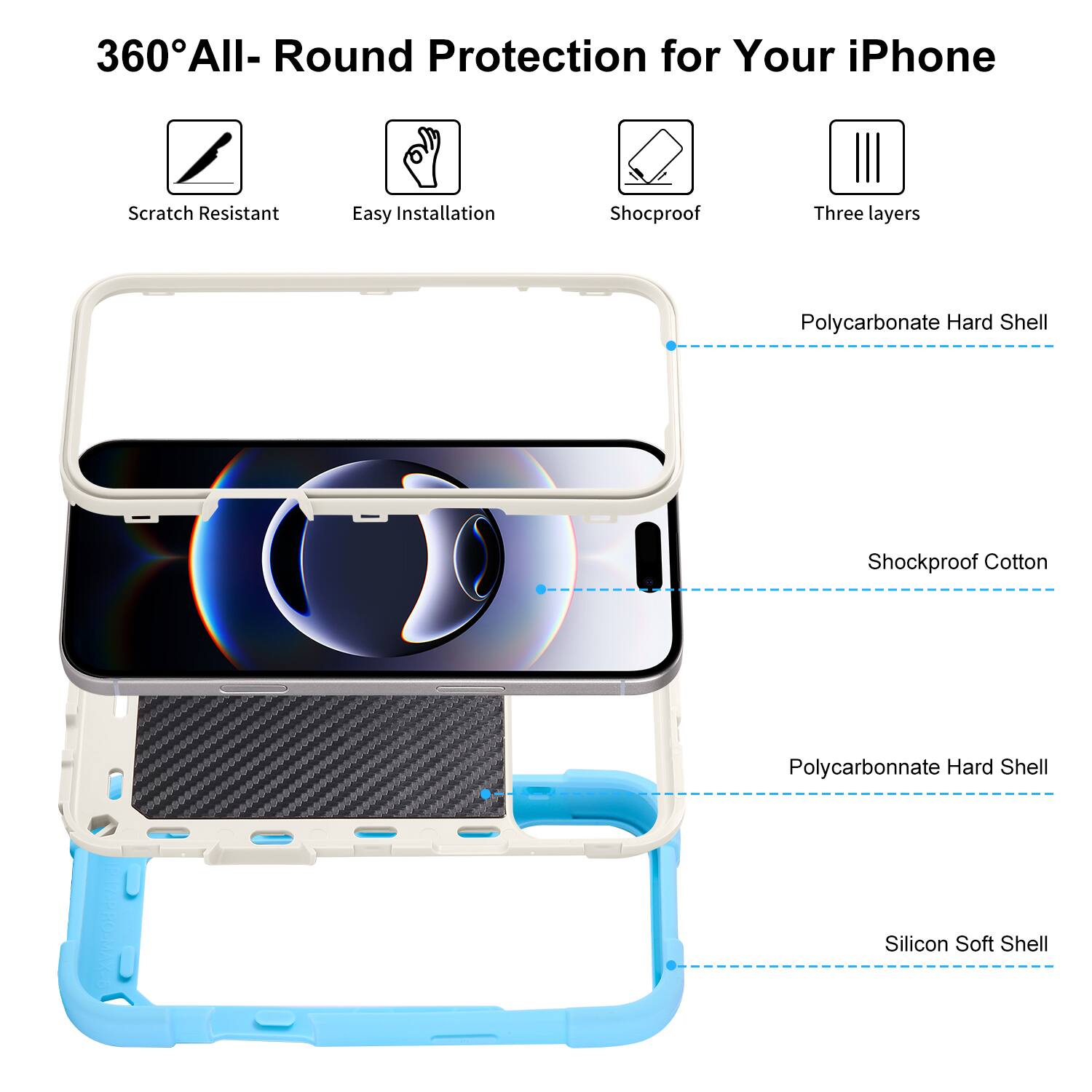 360° All-Round Protection for Your iPhone

- Scratch Resistant
- Easy Installation
- Shockproof
- Three layers

- Polycarbonate Hard Shell
- Shockproof Cotton
- Polycarbonate Hard Shell
- Silicon Soft Shell