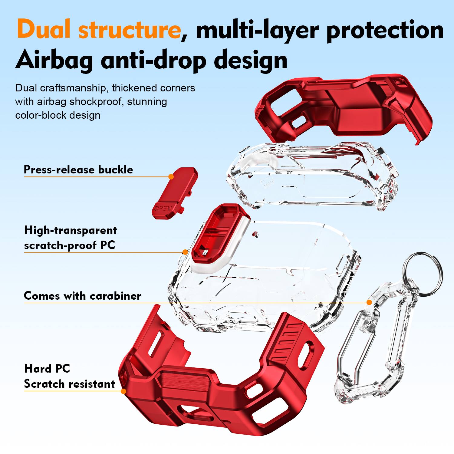 Dual structure, multi-layer protection Airbag anti-drop design  
Dual craftsmanship, thickened corners with airbag shockproof, stunning color-block design  
Press-release buckle  
High-transparent scratch-proof PC  
Comes with carabiner  
Hard PC Scratch resistant