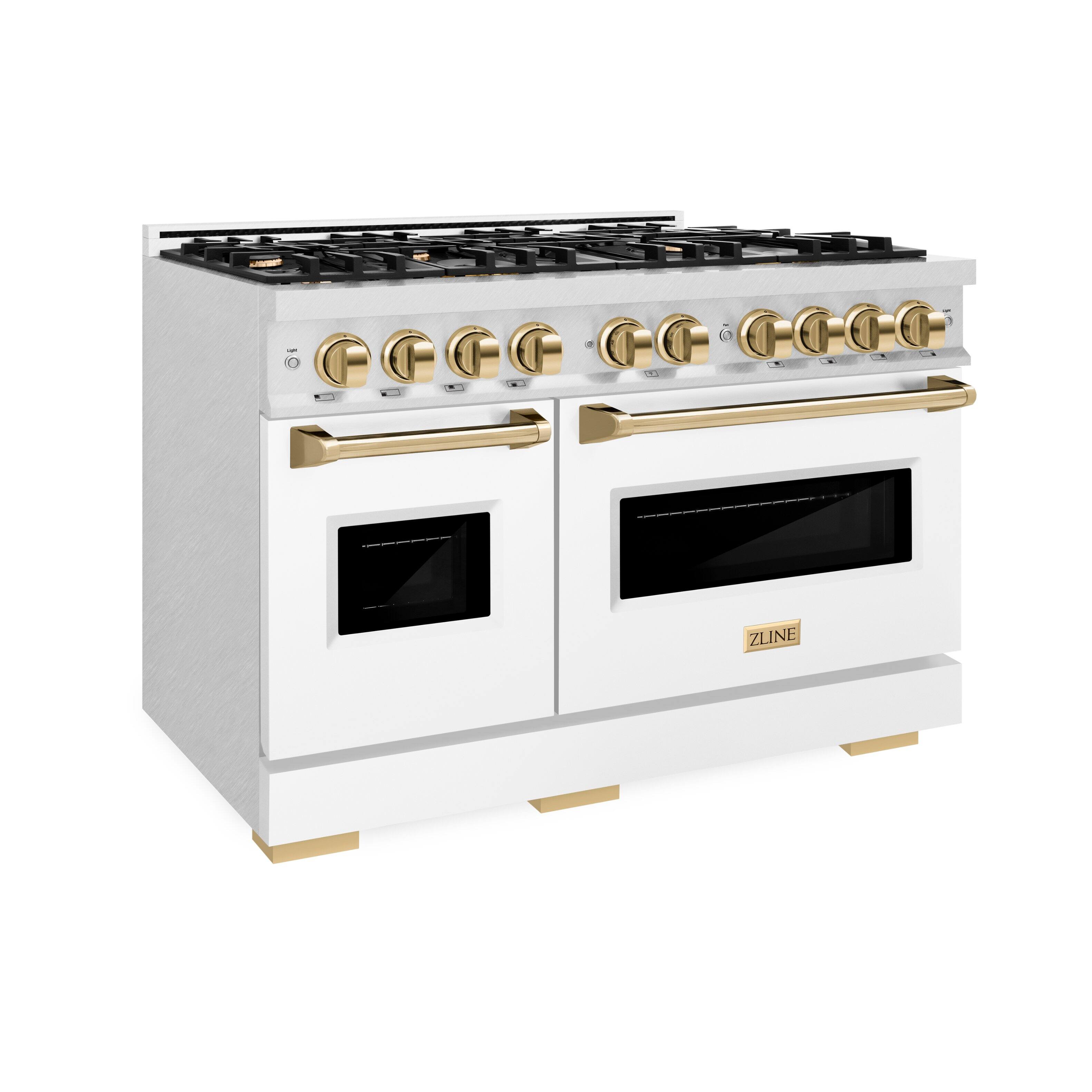 ZLINE is a brand of stove top oven, which features a white and gold color scheme. The oven has six burners and a double oven, making it a versatile and functional appliance for cooking.