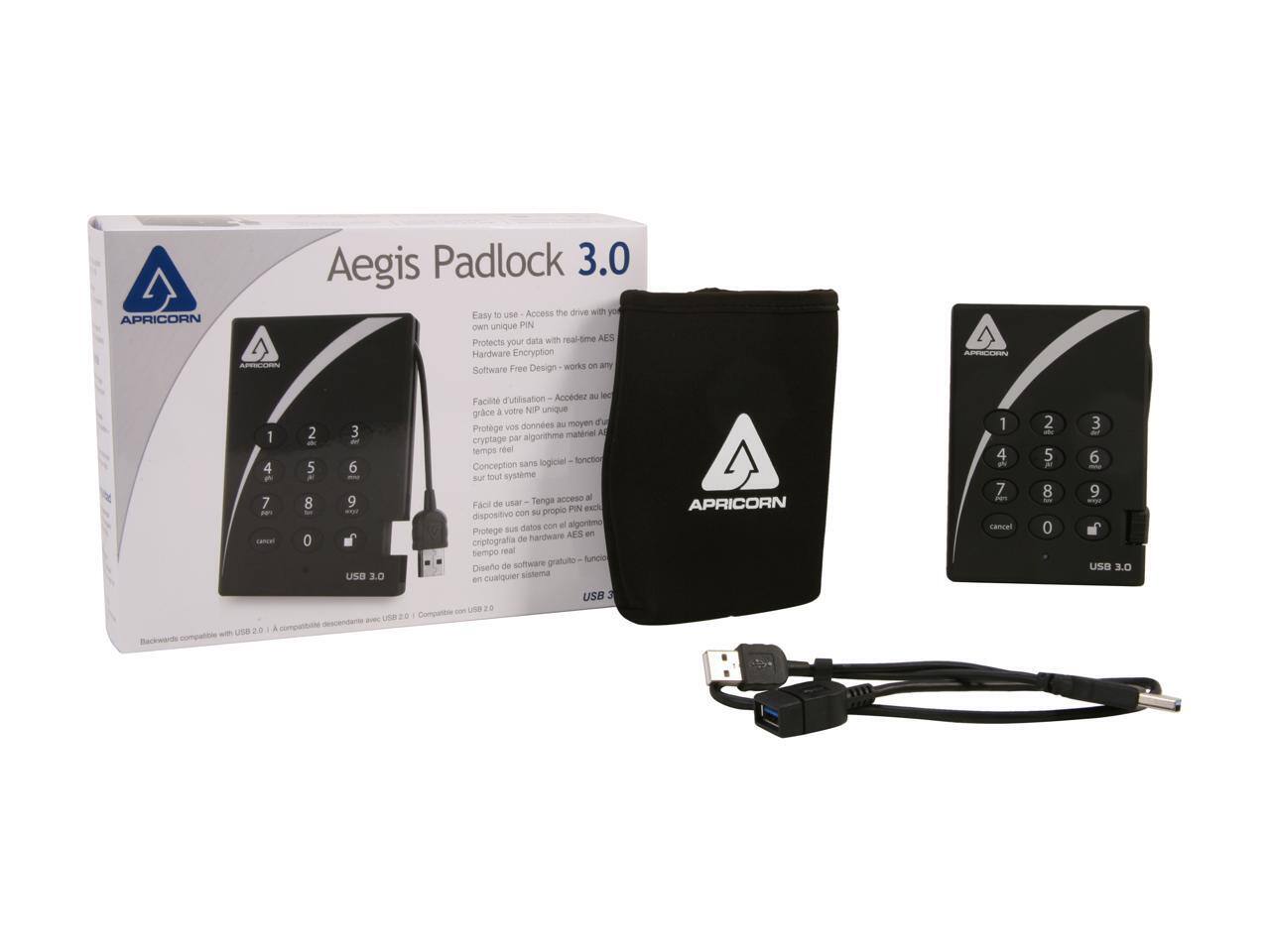 APRICORN Aegis Padlock 3.0

Easy to use - Access the drive with your own unique PIN
Protects your data with real-time AES Hardware Encryption
Software Free Design - works on any system

Facile d'utilisation - Accédez au lecteur avec votre PIN unique
Protège vos données au moyen d'un cryptage par algorithme matériel AES en temps réel
Conception sans logiciel - fonctionne sur tout système

Fácil de usar - Tenga acceso al dispositivo con su propio PIN exclusivo
Protege sus datos con el algoritmo de hardware AES en tiempo real
Diseño sin software - funciona en cualquier sistema

USB 3.0
Backwards compatible with USB 2.0
