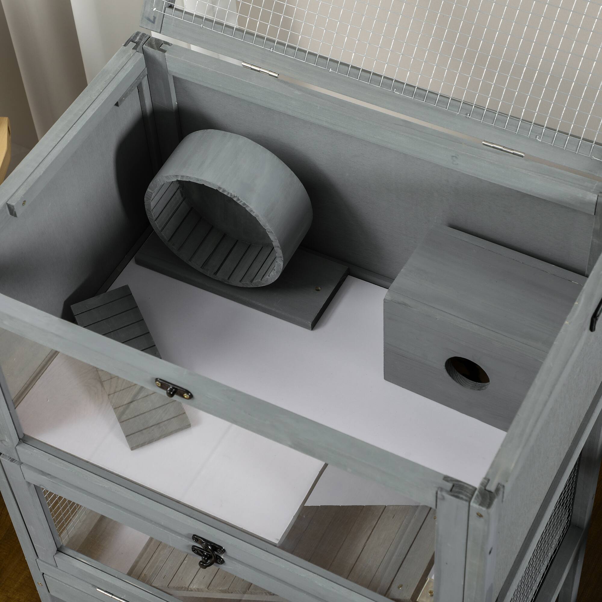 Alt View 4. Pawhut - Wooden Hamster Cage with Storage Shelf, Seesaw, Small Animal Cage with Sliding Tray, Wide Ramp, Running Wheel.