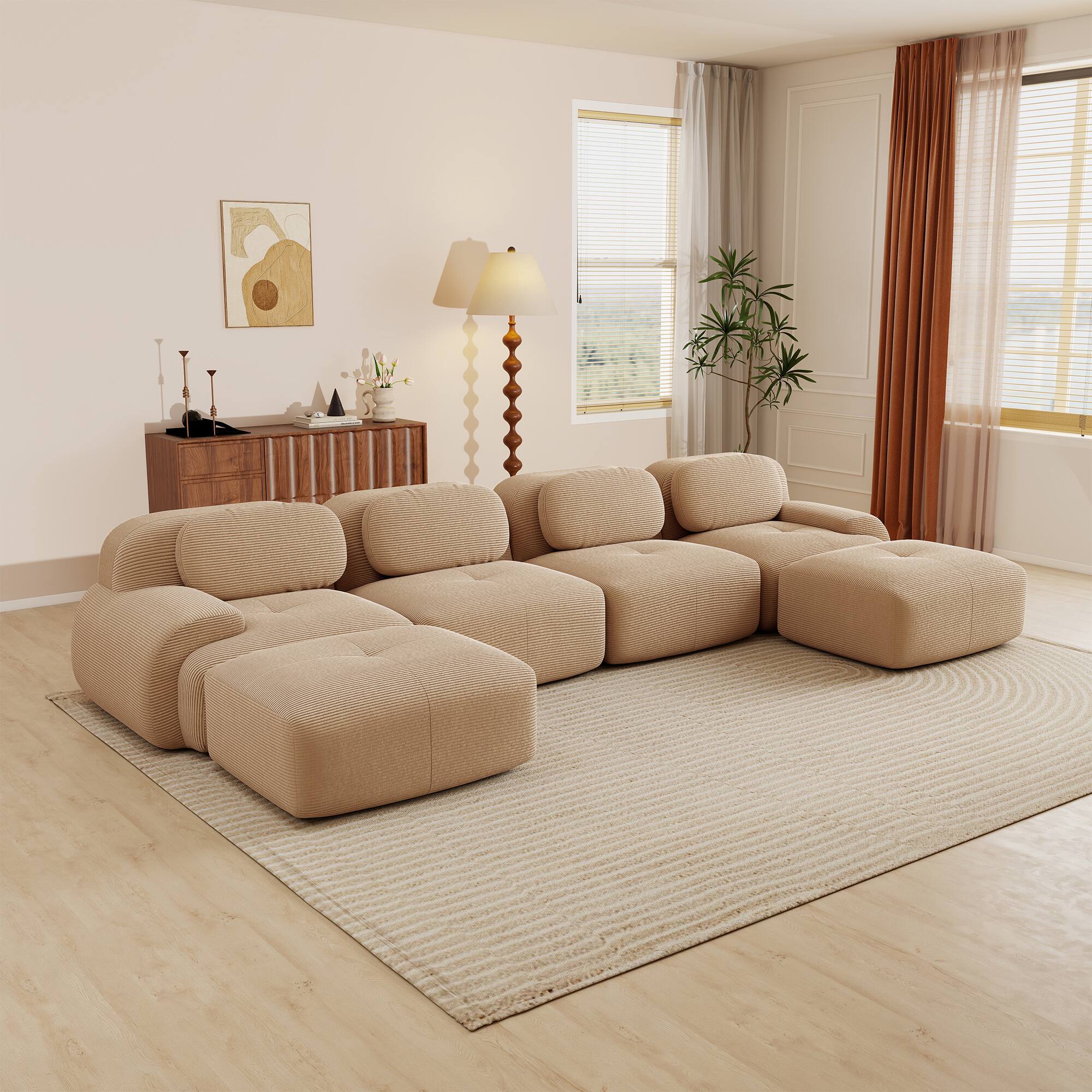 Aukfa - 4 Seats + 2 Ottoman Modular Corduroy Sectional Sofa - Ergonomic Support, Pet Friendly, Easy Assembly, Non-Slip Base - Camel