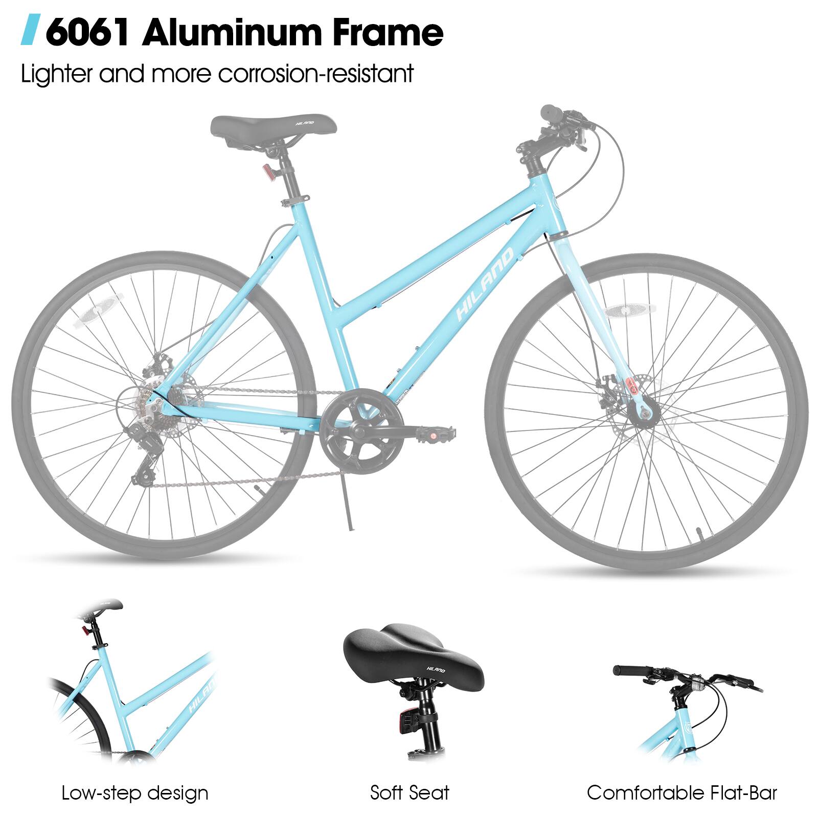 6061 Aluminum Frame, Lighter and more corrosion-resistant, HILAND, HILRE M, Low-step design, Soft Seat, Comfortable Flat-Bar