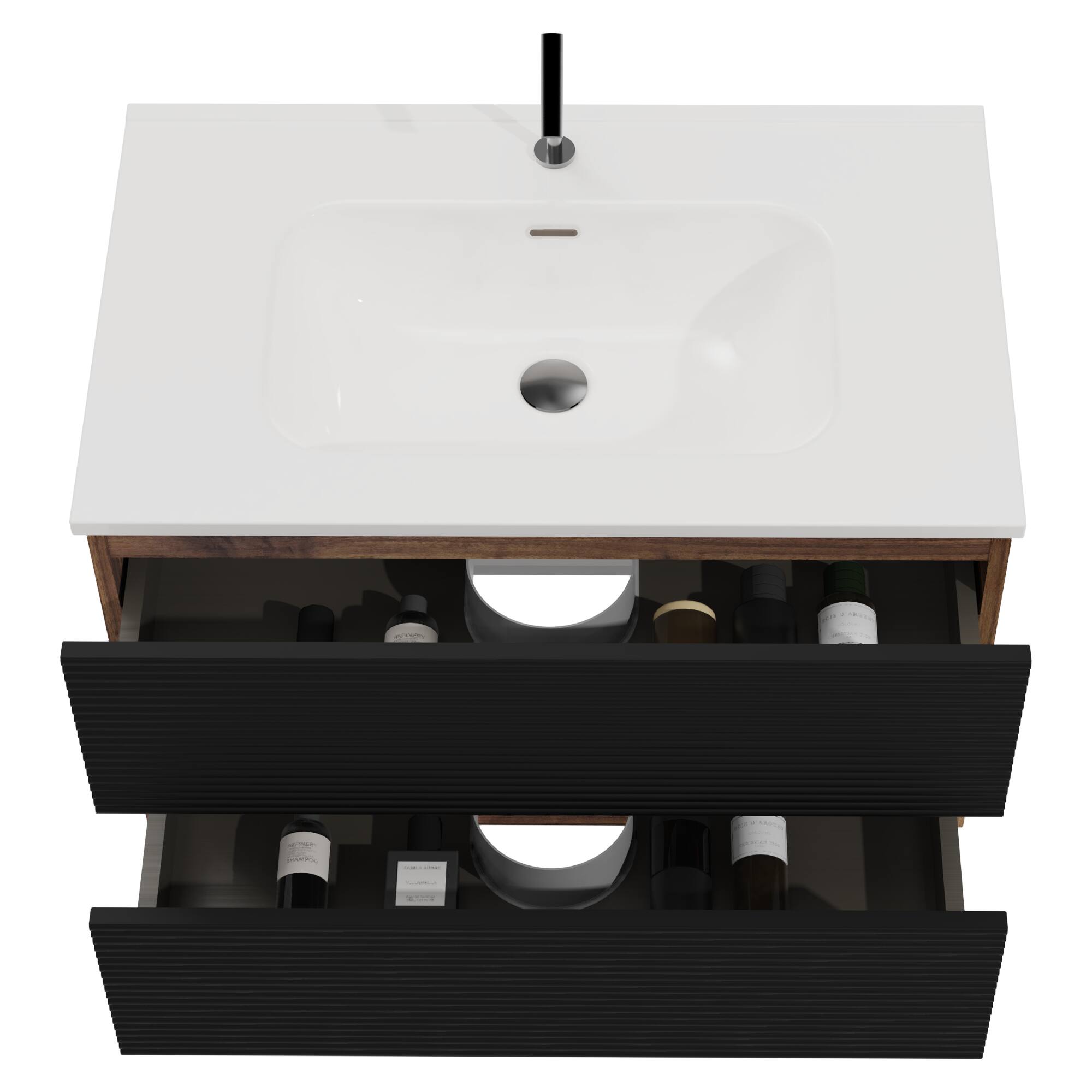 Alt View 7. Boyel Living - 30 Inch Wall Mounted Soft Black & Walnut Bathroom Vanity with Integrated Ceramic Sink / Large Storage, Pre-Assembled - Black+Brown.