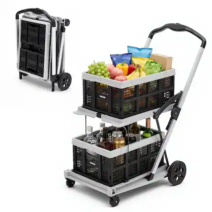 Front. VEVOR - Collapsible Shopping Cart with Wheels Foldable for Grocery Black Gray,200lbs Capacity Rolling Utility Cart,Storage Crate - Black;Silver.