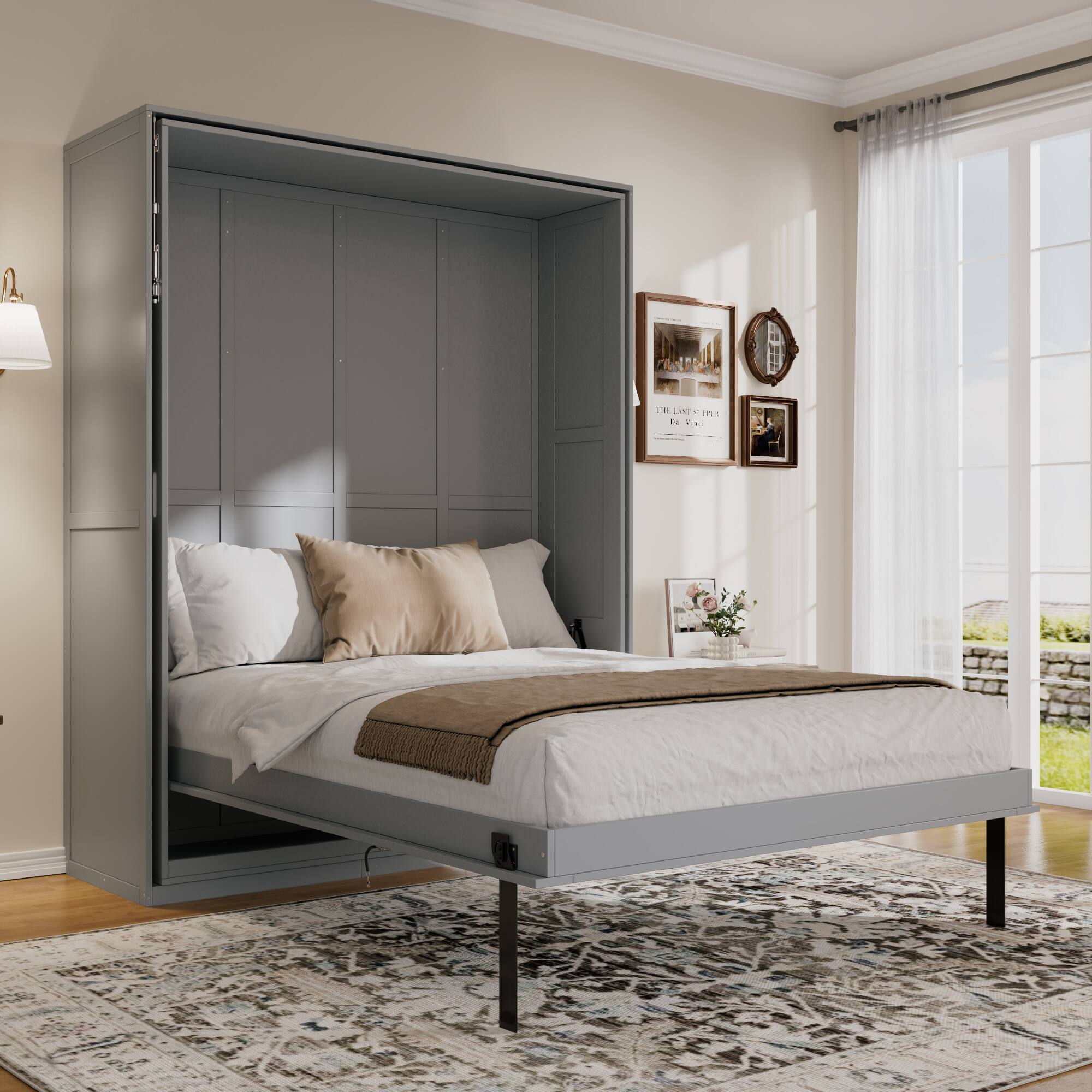 Anysun - Rotating Queen Murphy Bed - Hidden Storage Racks, Space-Saving Multifunctional Wall Bed for Home Office & Small Rooms - Gray