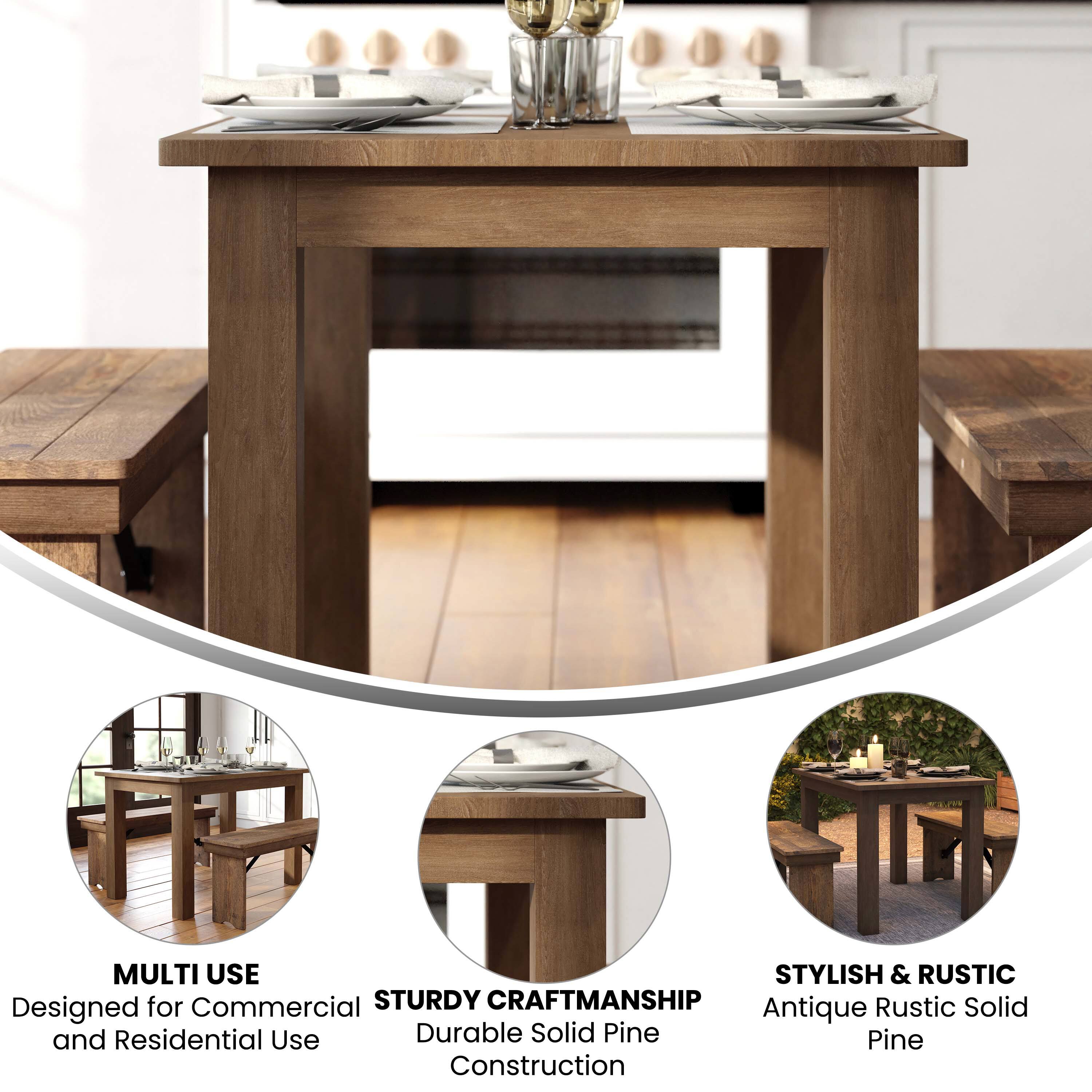 MULTI USE  
Designed for Commercial and Residential Use  

STURDY CRAFTSMANSHIP  
Durable Solid Pine Construction  

STYLISH & RUSTIC  
Antique Rustic Solid Pine