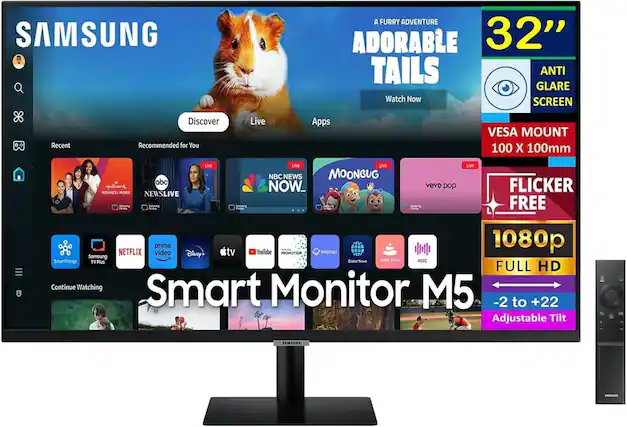 SAMSUNG A FURRY ADVENTURE ADORABLE TAILS 32" ANTI GLARE SCREEN Watch Now Recent Discover Recommended for You Live Apps VESA MOUNT 100 X 100mm Live Live Live Live NBC NEWS MOONGUG abc FLICKER FREE vevo pop MOVIES MORE NEWS LIVE NN FREE NETFLIX prime video tv YouTube PROMOTION Internet 1080p SAMSUNG Disney+ SmartThings Smart Monitor M5 -2 to +22 Adjustable Tilt