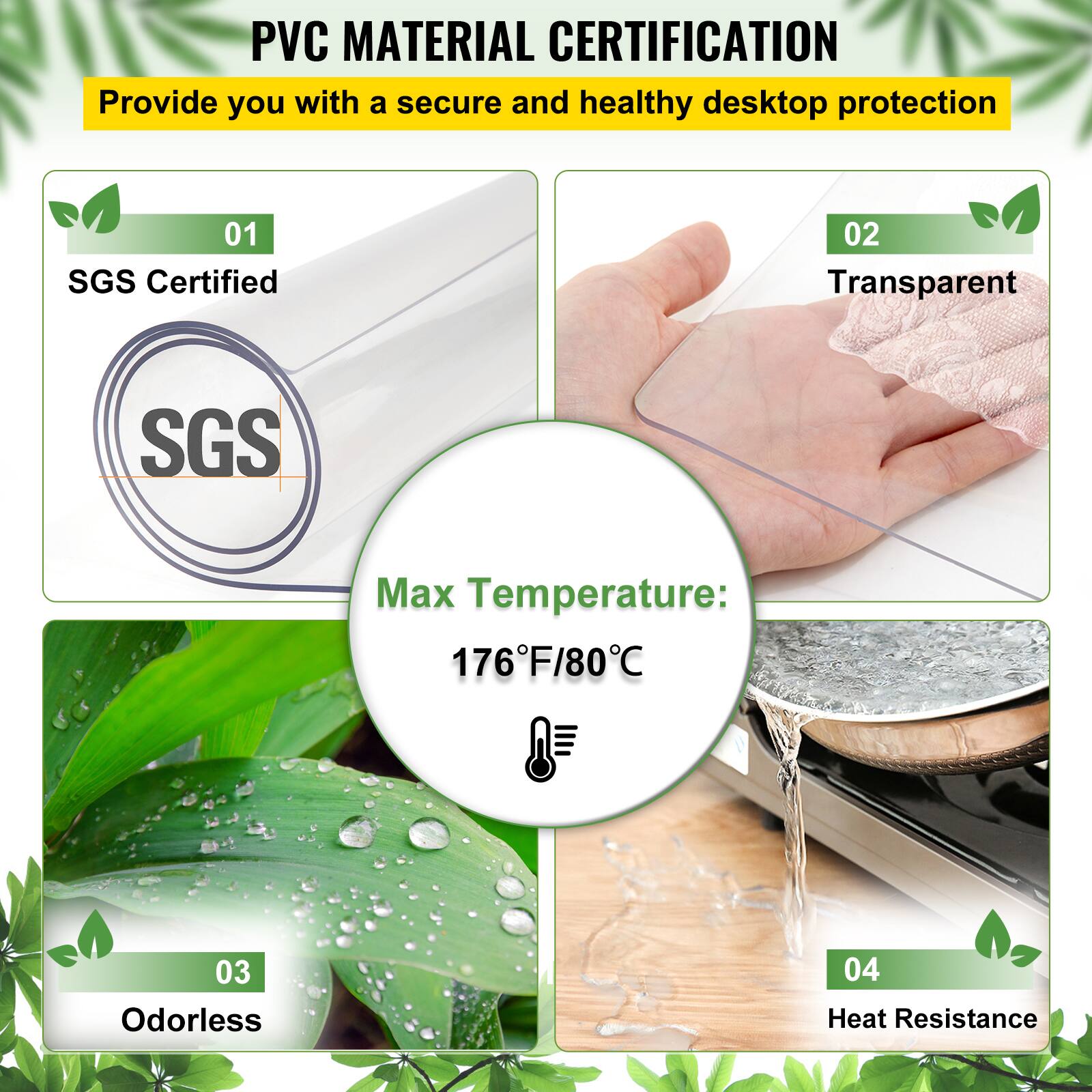 PVC MATERIAL CERTIFICATION  
Provide you with a secure and healthy desktop protection  

01 SGS Certified  
02 Transparent  
03 Odorless  
04 Heat Resistance  

Max Temperature: 176°F/80°C