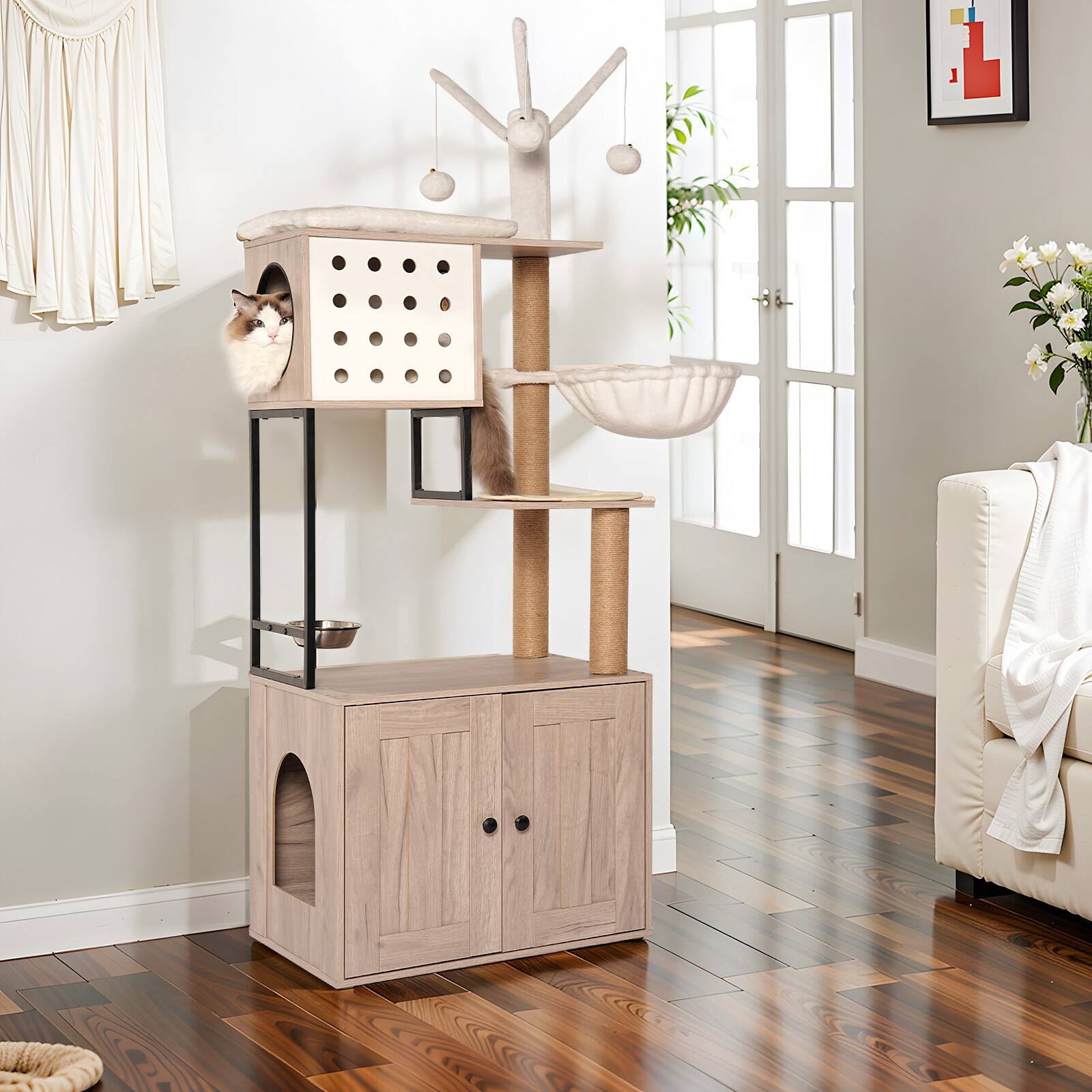 Left. Yardgrace - Modern Cat Tree with Hidden Litter Box Gray Cat Condo with Scratching Posts and Feeding Bowls - Brown.