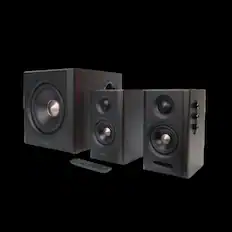 Front. Edifier - S355DB Tri-amped 2.1 speaker system with wireless subwoofer, high-fidelity sound and versatile connectivity, Brown - Brown.
