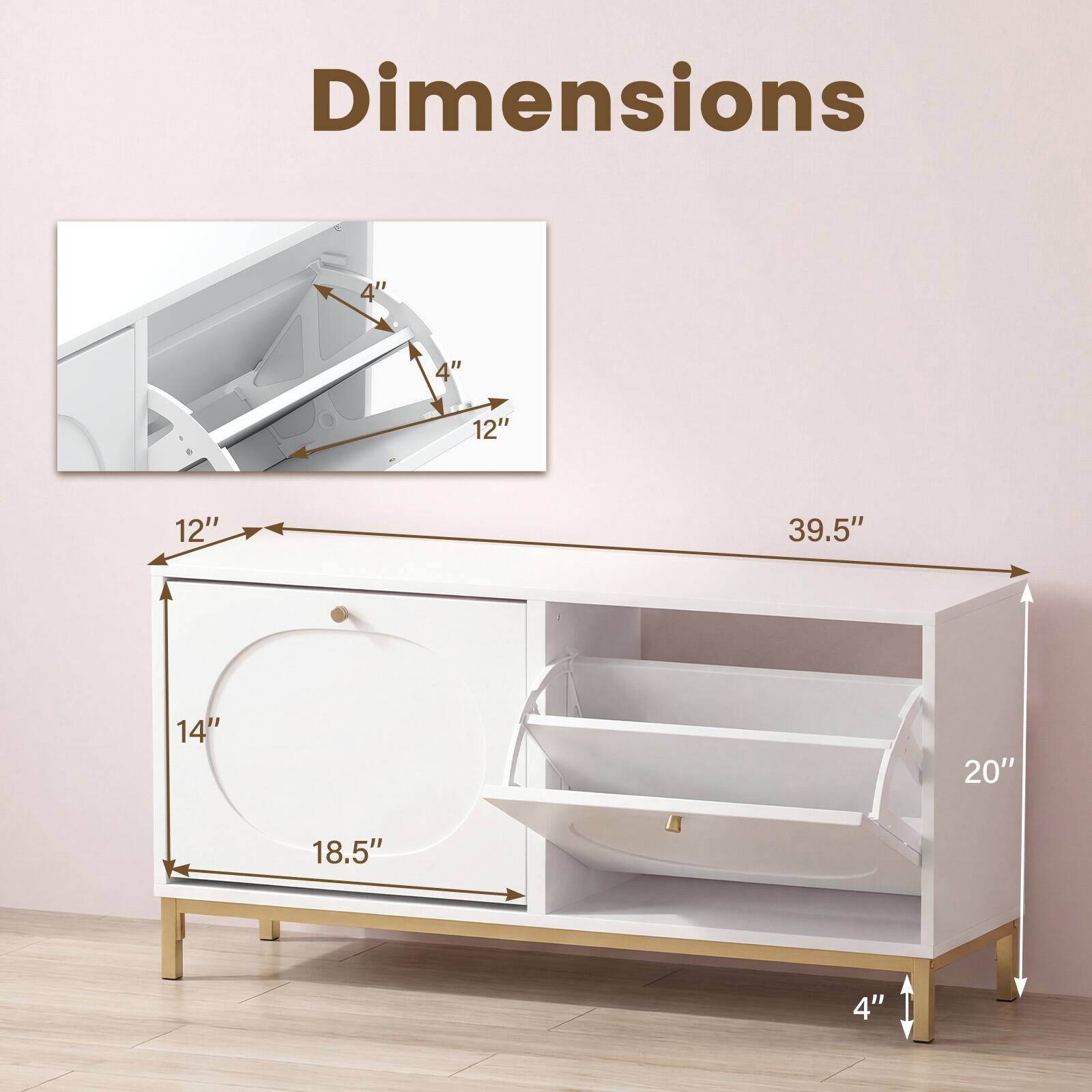 Dimensions: 4" 12" 12" 39.5" 14" 20" 18.5" 4"