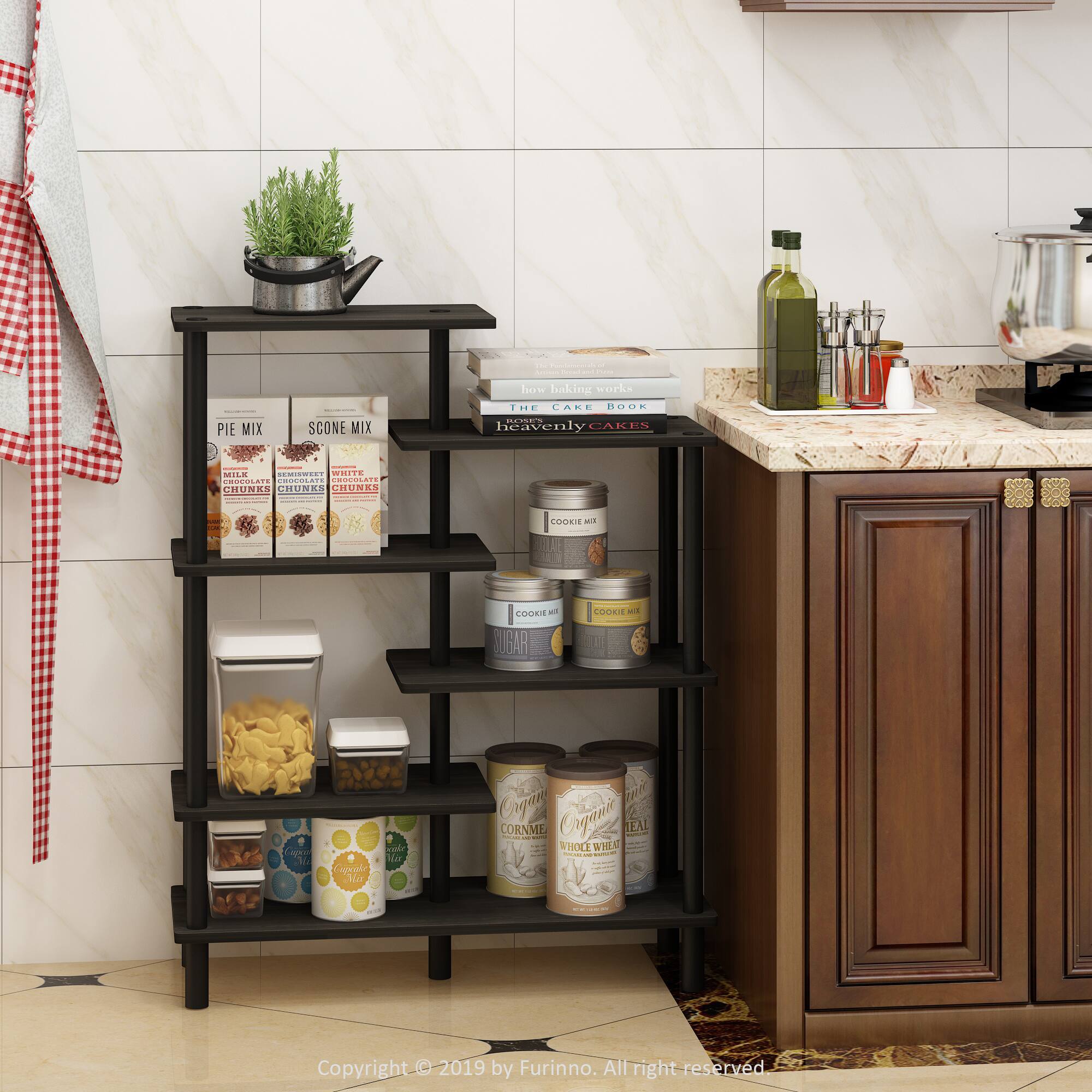 Sure, here is the corrected and grouped text from the image:

---

**Top Shelf:**
- PIE MIX
- SCONES MIX

**Middle Shelf:**
- MILK CHOCOLATE CHUNKS
- SEMISWEET CHOCOLATE CHUNKS
- WHITE CHOCOLATE CHUNKS
- COOKIE MIX
- SUGAR

**Bottom Shelf:**
- CORNMEAL
- WHOLE WHEAT FLOUR

**Books:**
- baking works
- heavenly CAKES

**Copyright:**
- Copyright © 2019 by Furinno. All right reserved

---