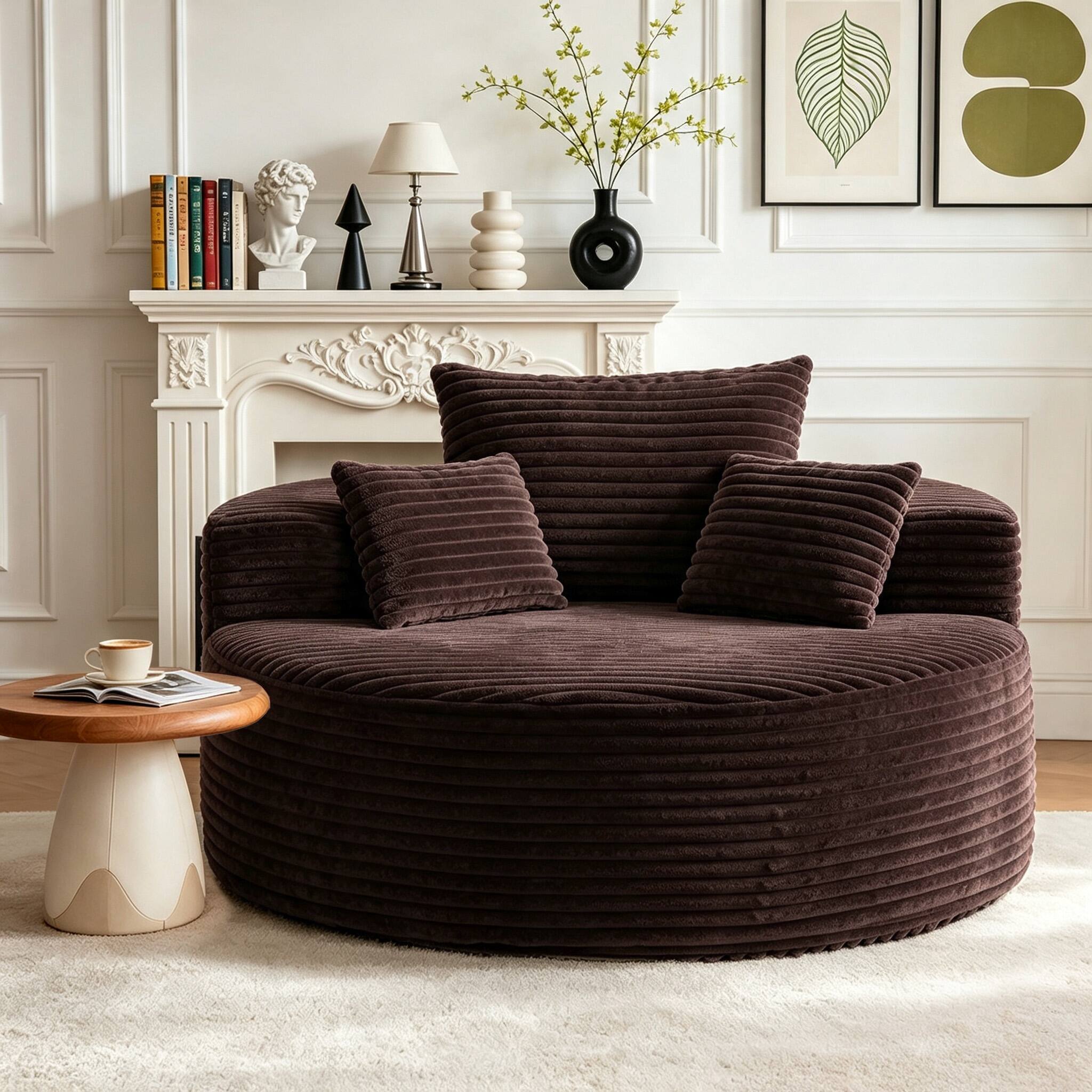 Left. Electra Tech Xpress - 55"Oversized Round Chaise Longue Chair, Boneless Chair, No Assembly Required - Brown.
