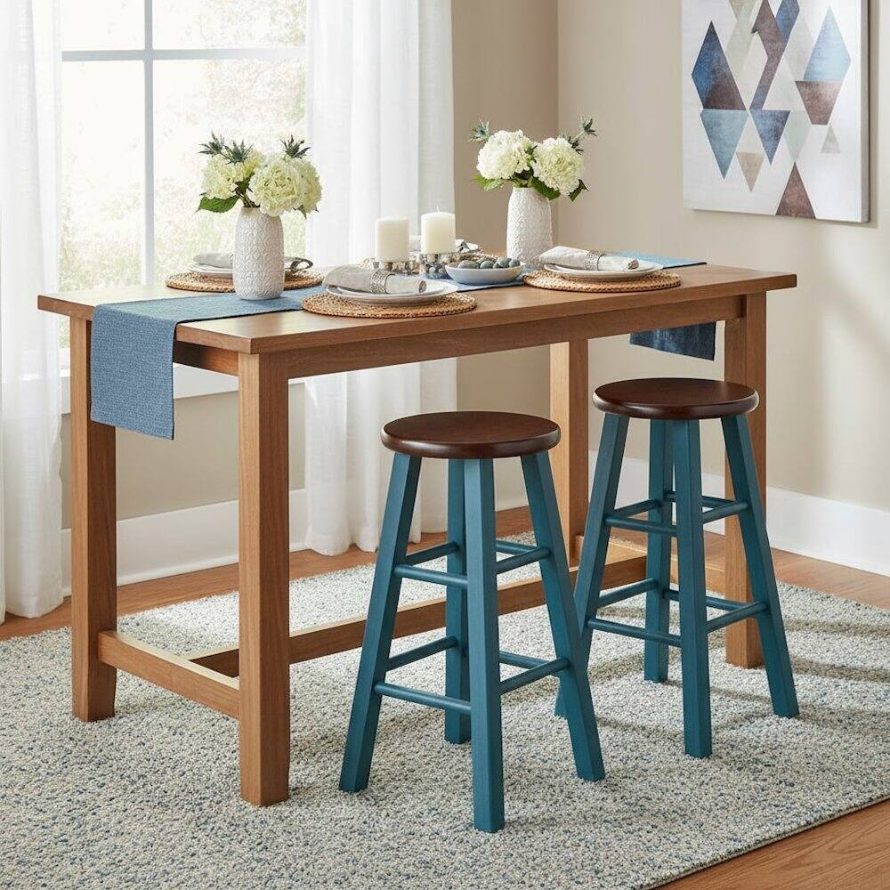 Alt View 3. FurniFact - 24" Rustic Teal Counter Stool - Rustic Teal / Walnut.
