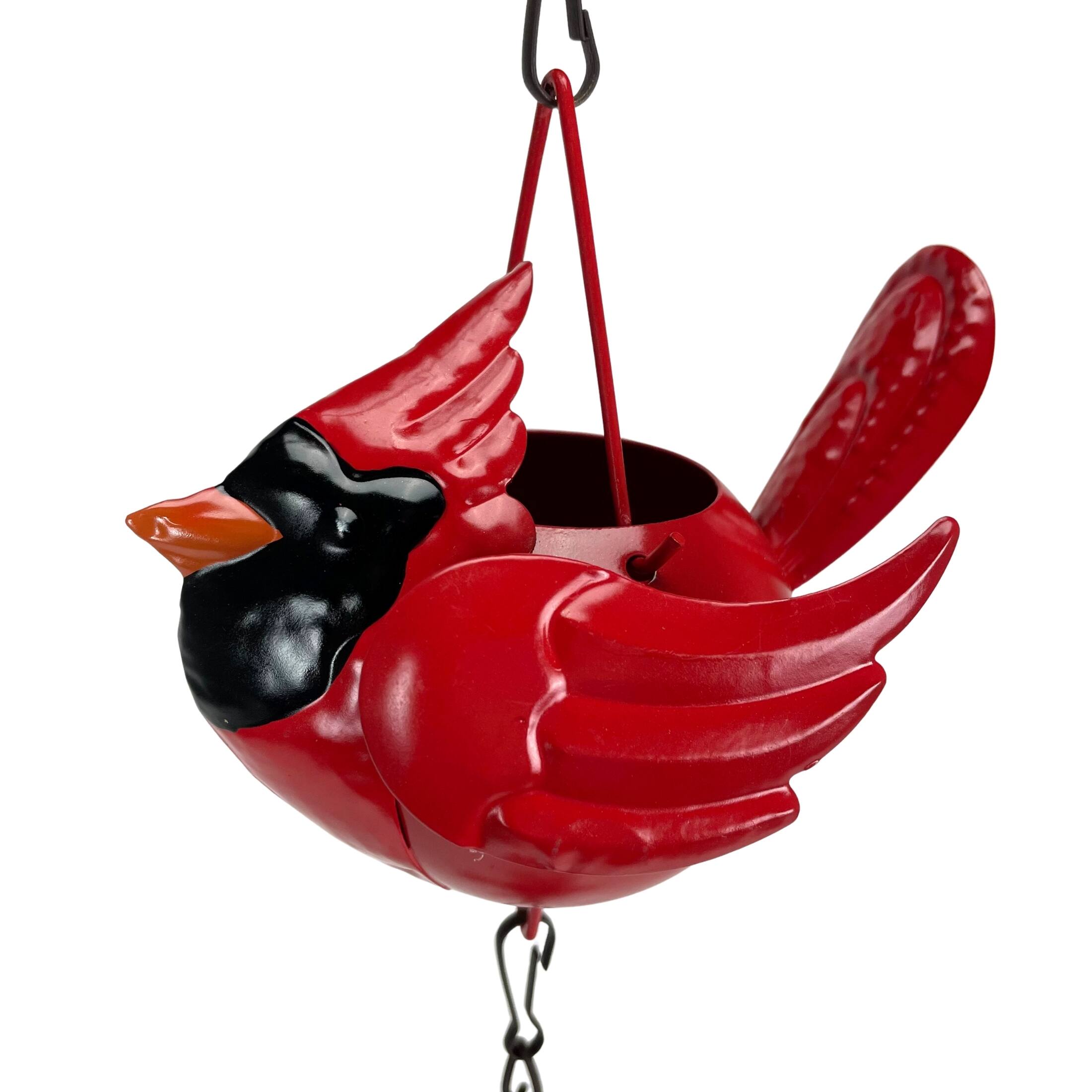 Alt View 2. Things2Die4 - 85-Inch Metal Rain Chain - 7 Red Cardinal Birds - Weighted Bell - Brown Finish - Bright Red.