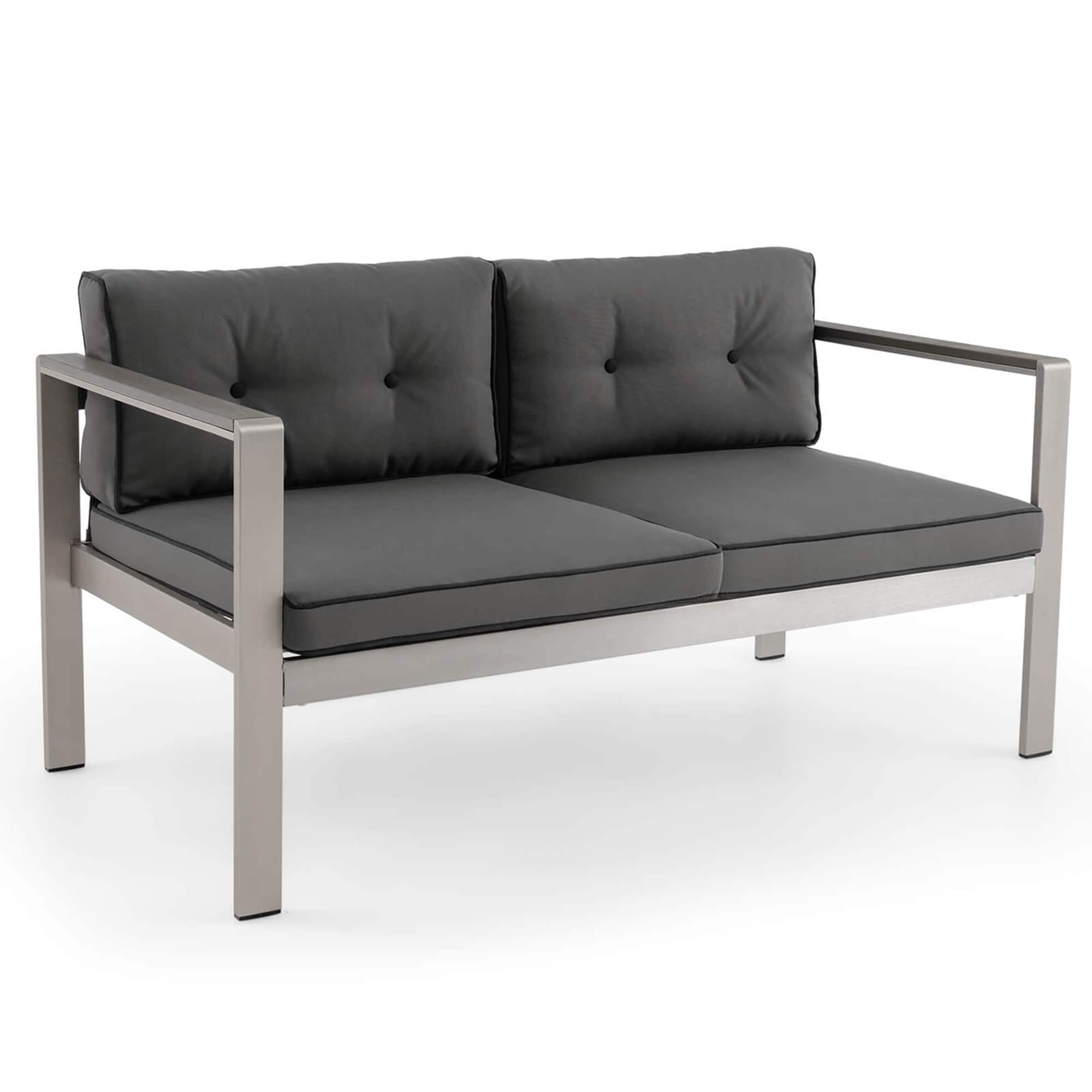Costway - Patio Aluminum Loveseat Sofa Outdoor Chair with WPC Armrests & Cushions Backyard - Gray/Silver